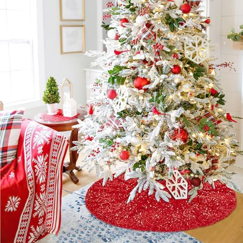 Christmas Tree Skirt 36 Inches Red Glitter Sequins Tree Skirt Thick Velvet Xmas Tree Skirt Mat Winter Holiday Xmas Tree