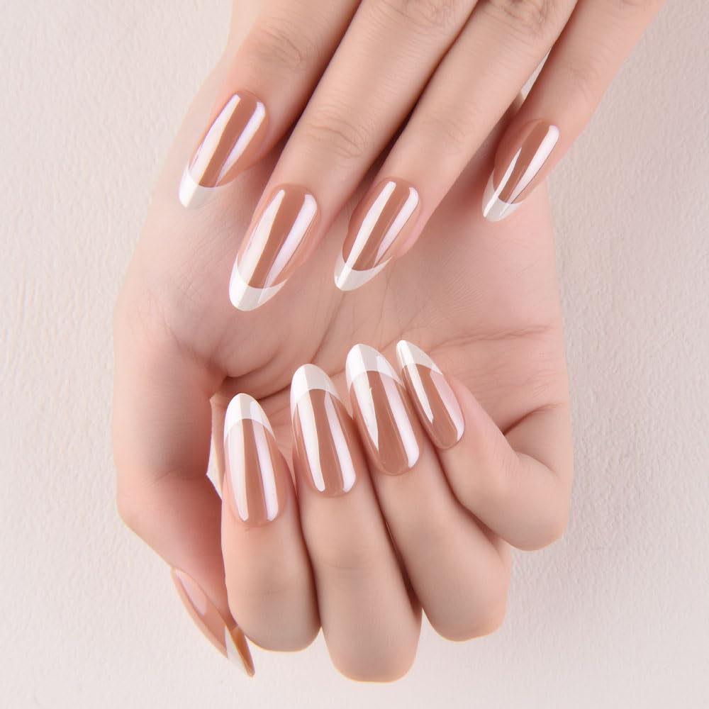 evpct French Tip Press On Nails Medium Almond, Nude Brown + White Tips, Chrome Glazed Medium Almond Fake False Press on Nails, Soft Gel Stick on nail Press ons Nail Kit, Reusable Salon Quality