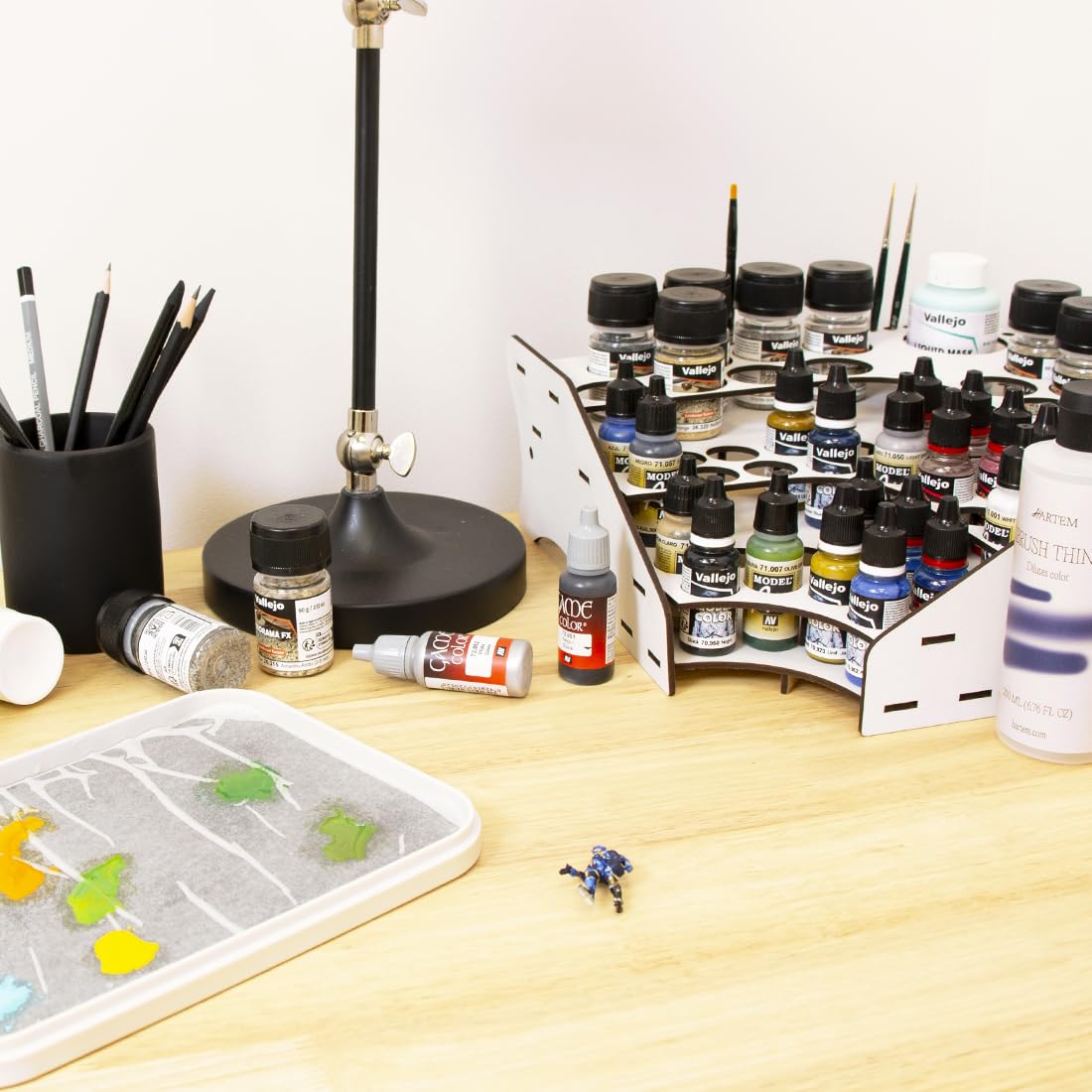 Hartem - Paint Otganizer | Corner Model Paint Rack for Acrylic Paints & Brushes | Holds 28 (0.57 fl oz) + 16 Bottles (1.18 fl oz or 2.03) + 1 Bottle (6.76) & 26 Brushes | Acrylic Stand for Miniatures