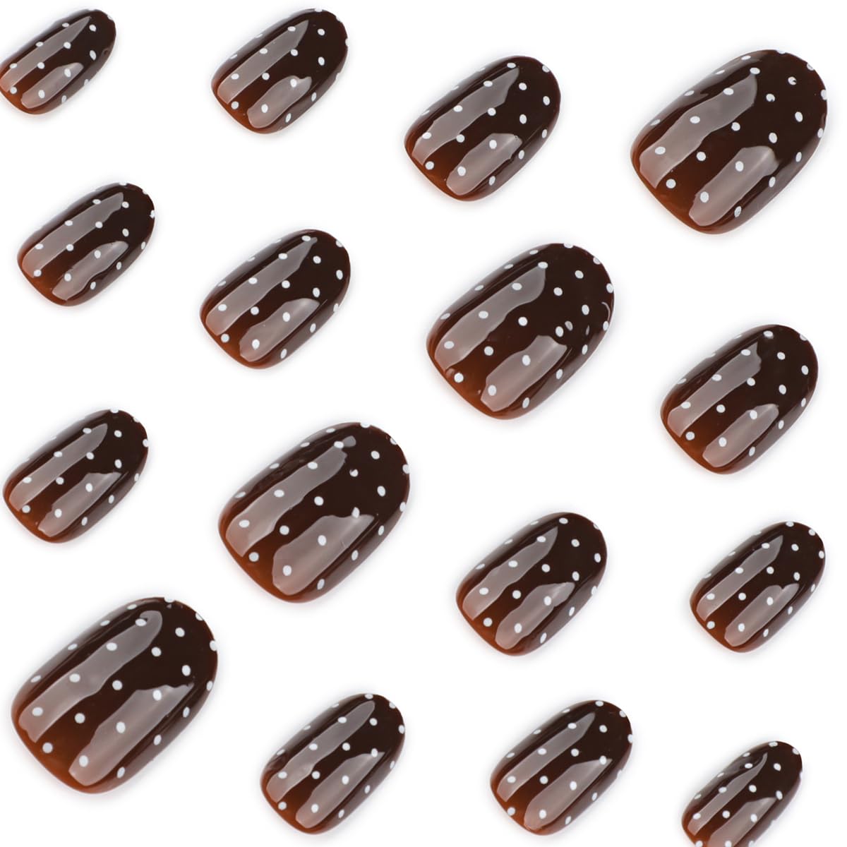 Brown Press on Nails Short Oval Fake Nails White Polka Dot Design Full Cover Glossy Glue on Nails for Women 24PCS