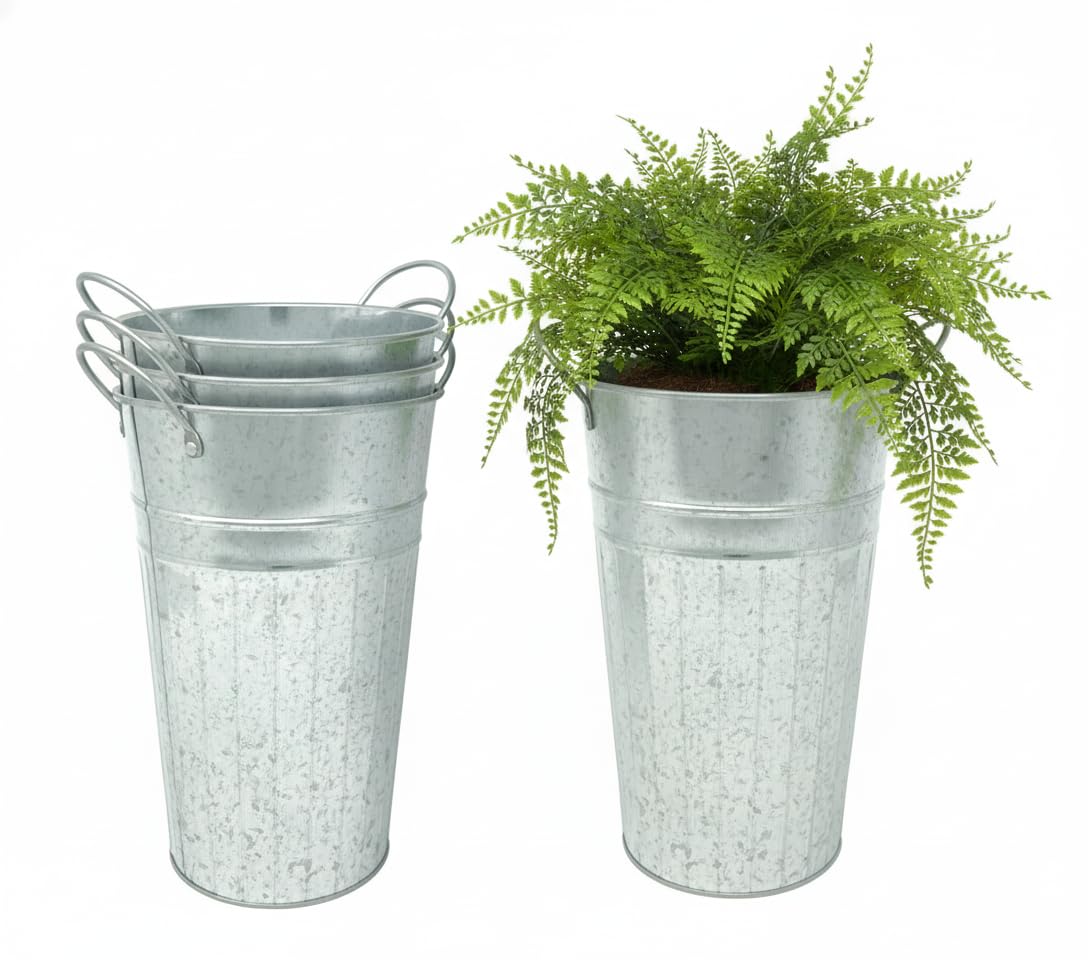 DAHO 4 Pack Tall Metal Planters for Plants, Flowers, Decor, Garden, Patio, Indoor or Outdoor (Galvnized, 9.06'')