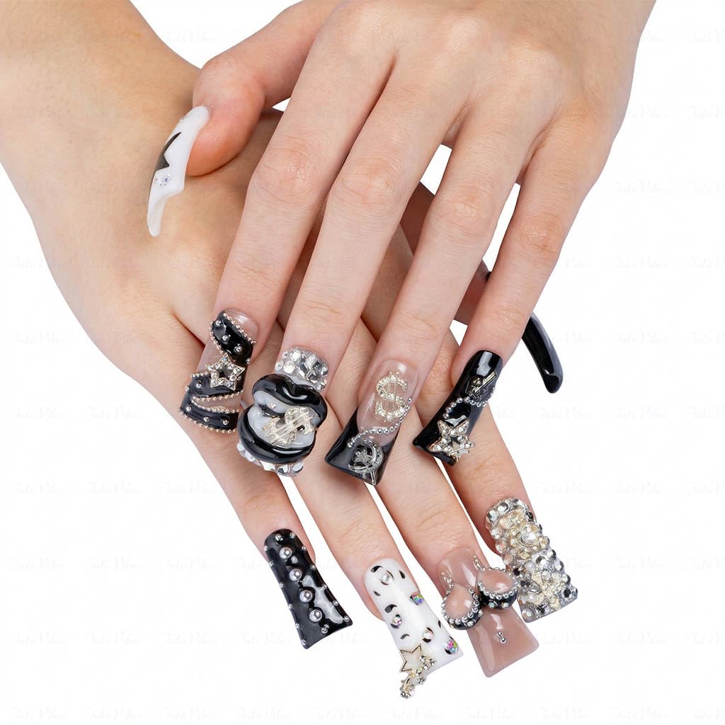 IntoVibes 10 Pieces Luxury Acrylic Press On Nails Long Handmade Duck Nails, White And Black Thickened False Nails, Exaggerated Lips And 3D Dollar Sign, Reusable Fake Nails, Acrylic Nails (M)