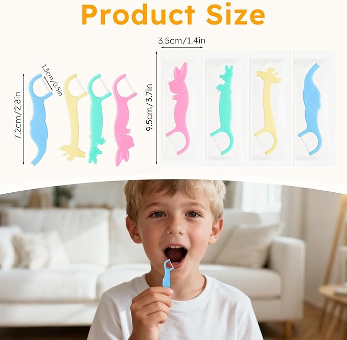 Kids Floss Individually Wrapped Kids Dental Floss Picks 4 Cute Animal Shapes Fun Flossers Helps Prevent Tooth Decay & Gum Diseas for Family, Travel, and picnics 4 Colors (100)