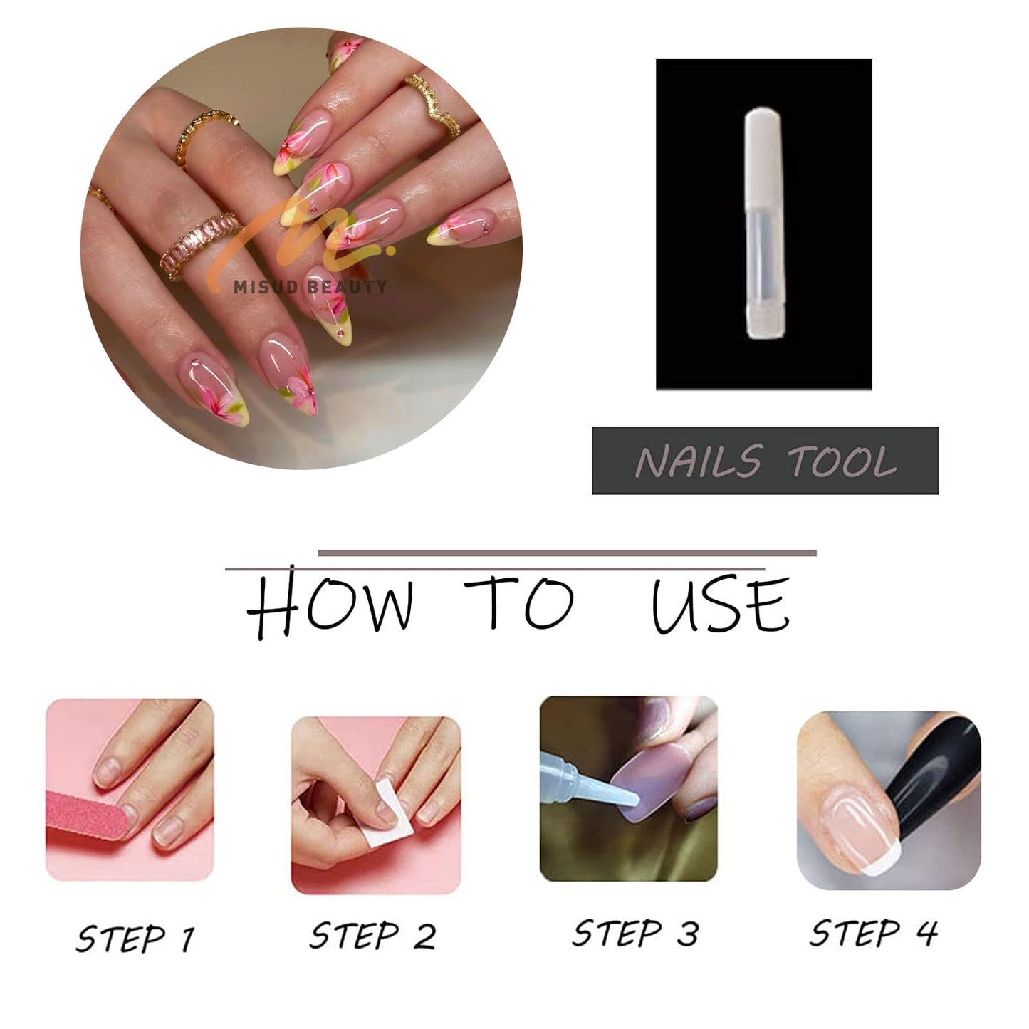 MISUD Press on Nails - Medium Almond Fake Nails with Pink Flower, Acrylic Yellow French Tip Design 24 pcs