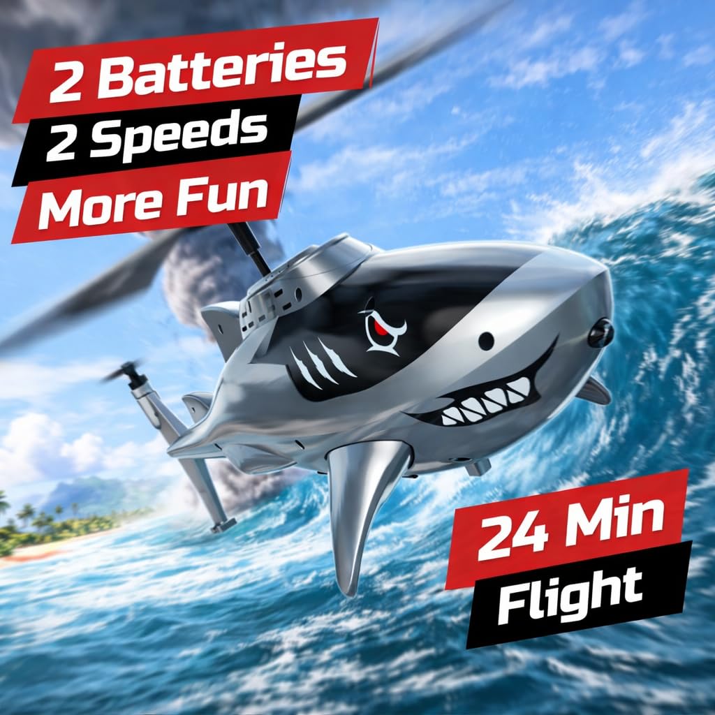 DEERC Remote Control Helicopter for Kids and Adults, RC Shark Helicopter with Altitude Hold, One Key Takeoff/Landing, LED Lights, 2 Batteries, 24 Min Flight Time, Indoor Flying Toy Gift