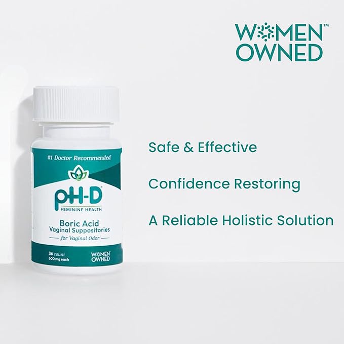 pH-D Feminine Health Support - 600 mg Boric Acid Suppositories - Woman Owned - for Vaginal Odor Use - 12 Count