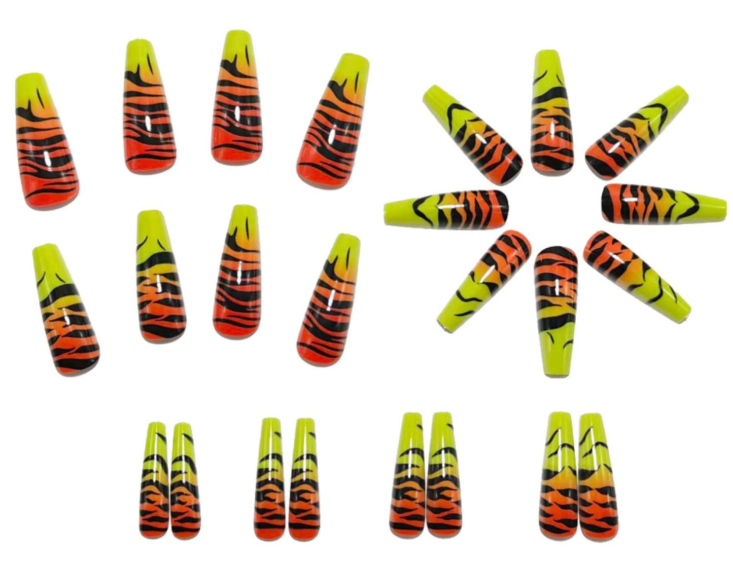 Chunmeng 24PCS Yellow Orange Gradient Tiger Nail Art, Cute Press on Nails with Smooth Glossy Finish, Reusable False Nails for Women & Girls