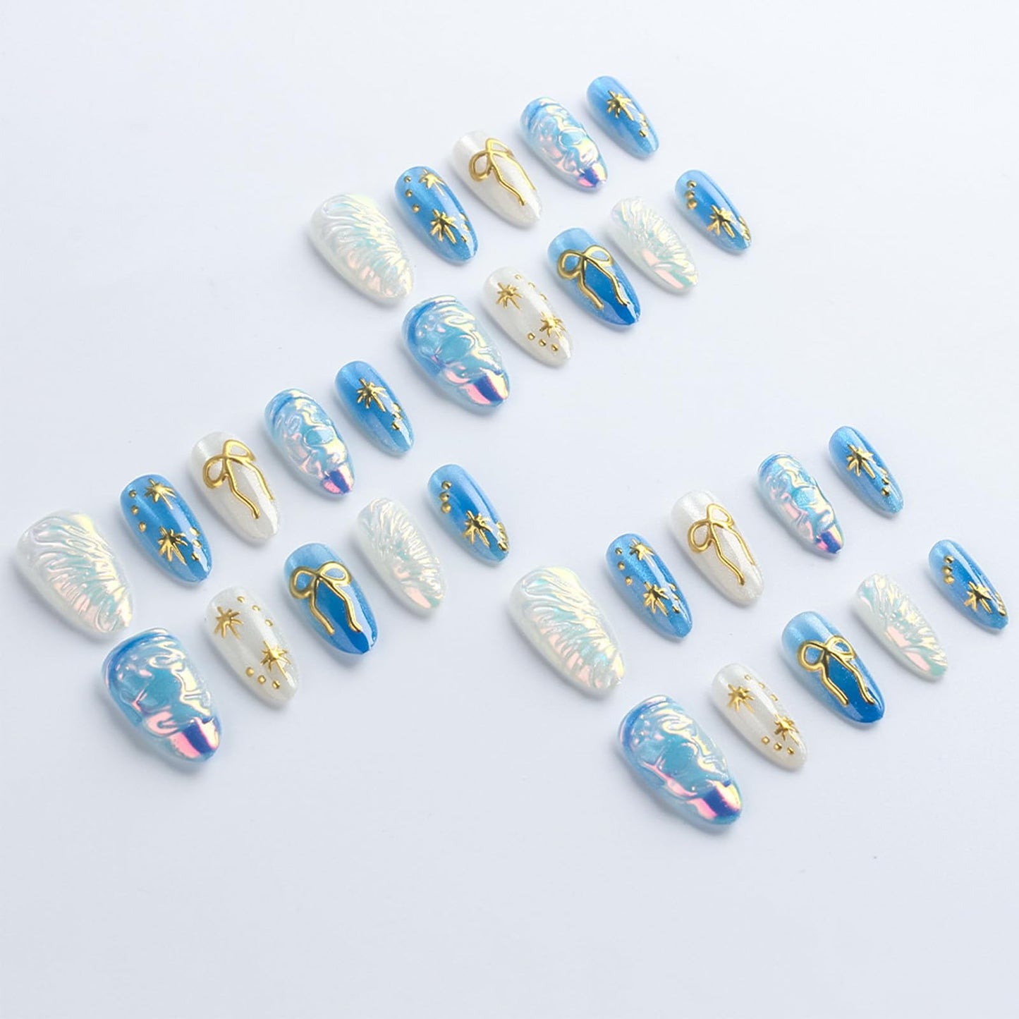 3D Bow Tie Press on Nails 30 Pcs Stars Acrylic Fake Nail Glossy Blue Glitter Stellar River Stick on Fingernails Valentines Almond Medium False Nails Curve Gel Glue on Nail for Women Valentine's Gift