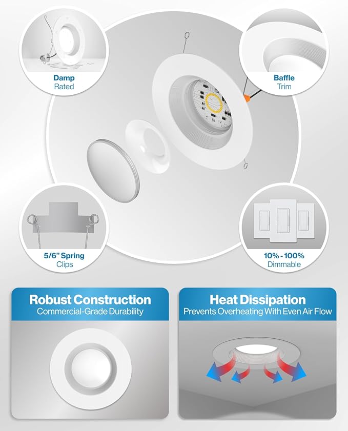 Sunco 6 Inch LED Recessed Light, Retrofit Downlight Can Lights for Ceiling, Baffle Trim, 1050 LM, 13W (75W Equivalent), 5000K Daylight, Dimmable, Damp Rated UL 4 Pack