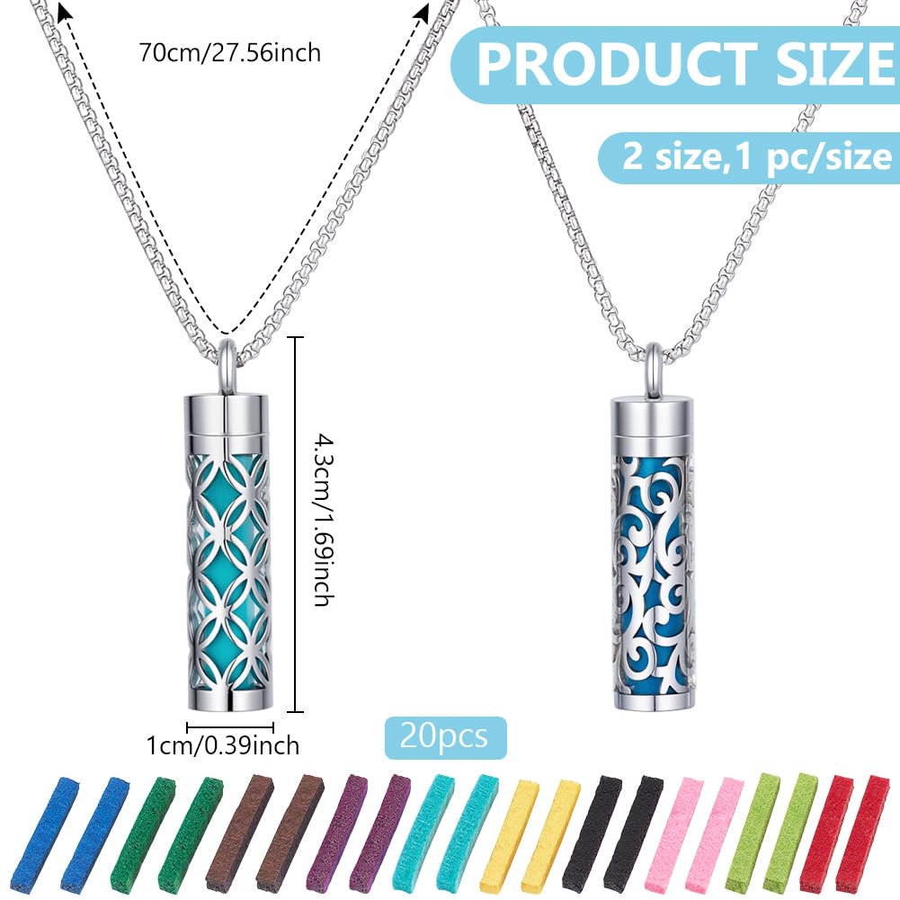 PLIGREAT 2 Pcs Stainless Steel Essential Oil Diffuser Necklaces, Mindfulness Breathing Necklaces with 20 Felt Pads Perfume Diffuser Cylinder Locket Pendant for Birthday Gift, Silver