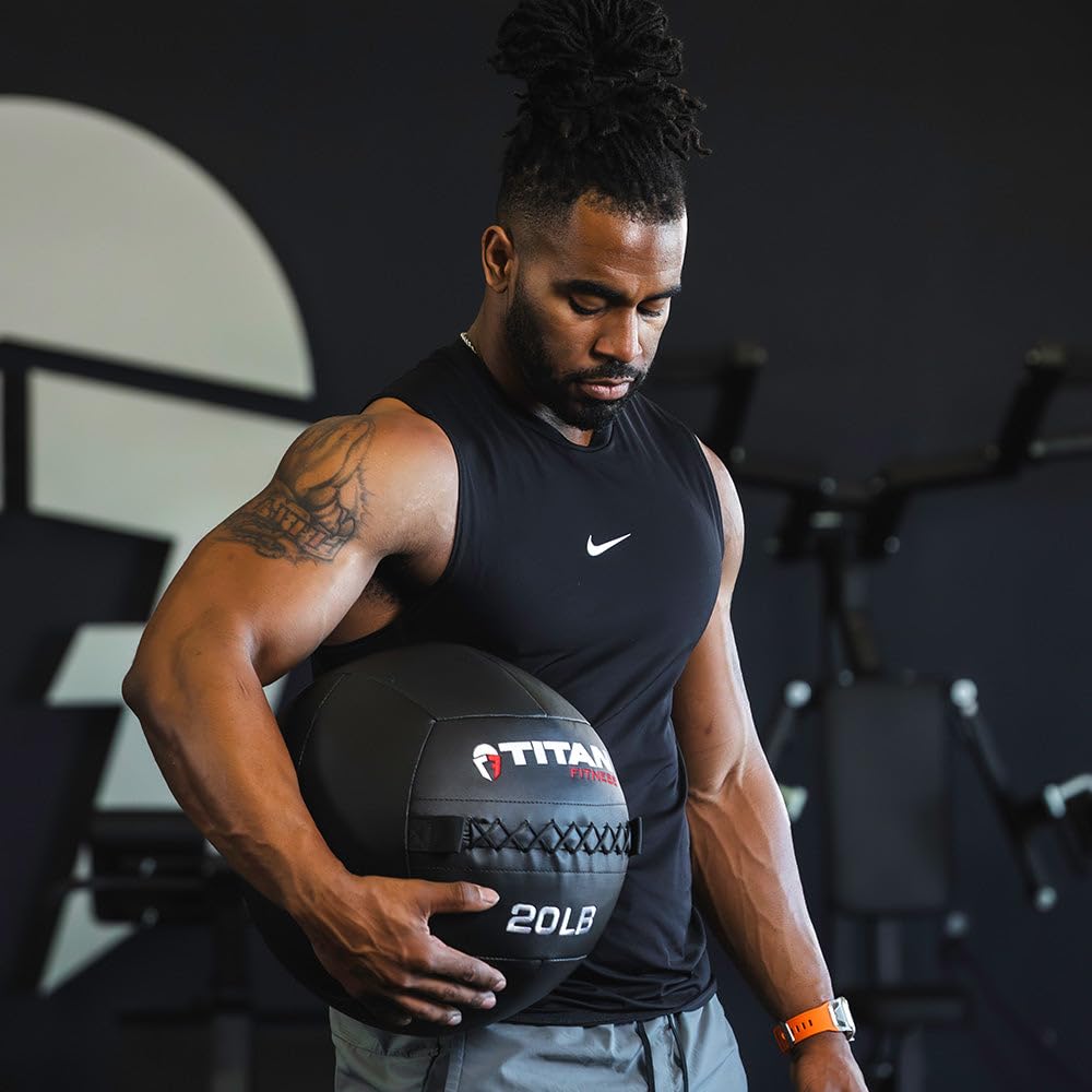 Titan Fitness 18 LB - 30 LB Soft Shell Medicine Wall Ball with Poly-Composite Laminate Cross Texture Non-Slip Grip for Throwing, Core Strength, Floor Exercises, Stretching