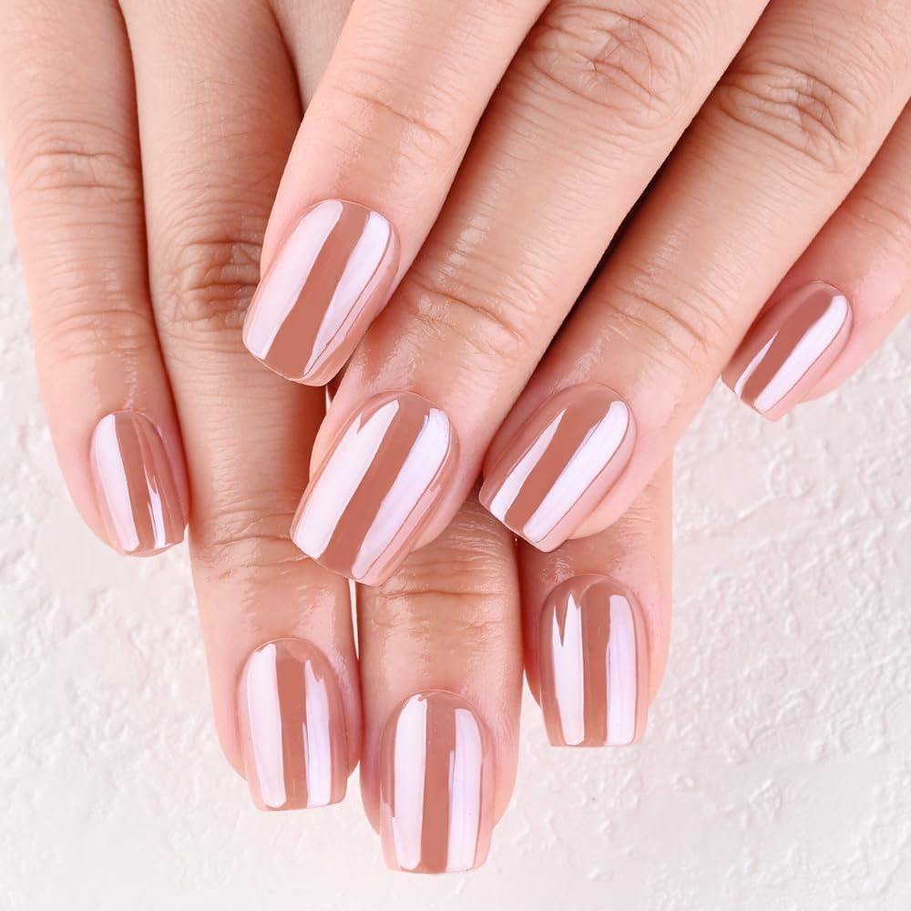 evpct Nude Glazed Press on Nails Short Square No Glue, Petite Short Square Chrome Metallic Aurora Stick on Nail for Women Gift, Reusable Full Cover Soft Press on Nail Perfectly Fit with Glazed Design