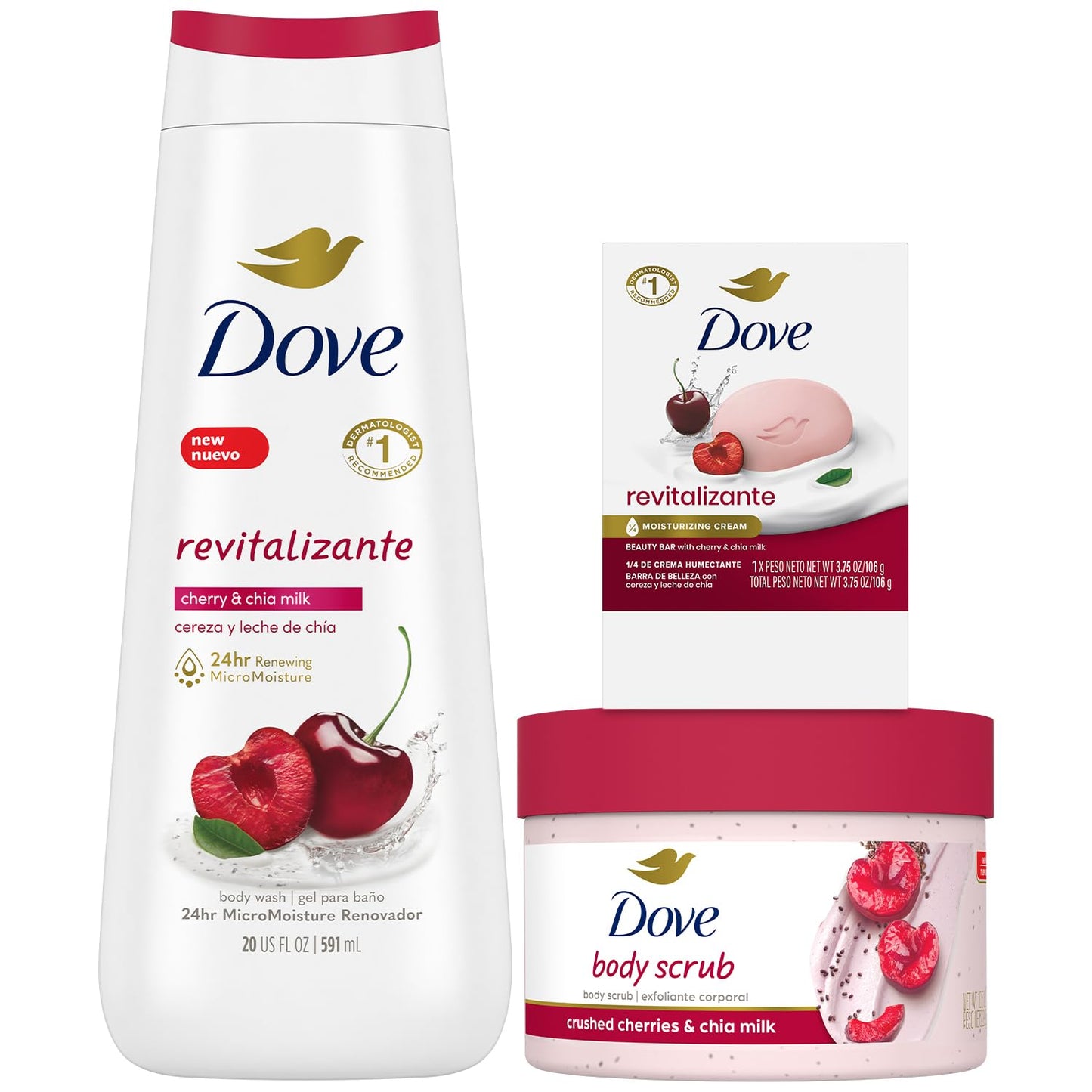 Dove Revitalizing Cherry Collection Gift Set – Fruit and Chia Milk Body Wash, Exfoliating Body Polish + Soap Bar (3 Piece Set)