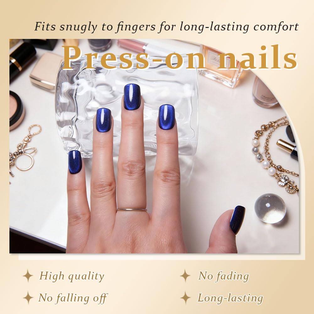 evpct Royal Blue Cat Eye Extra Short Press on Nails Square, Petite Short Square Stick on Nails for Women Gift, Blue Metallic Glitter Glossy Reusable Soft Gel Press on Acrylic Fake Nail with Designs