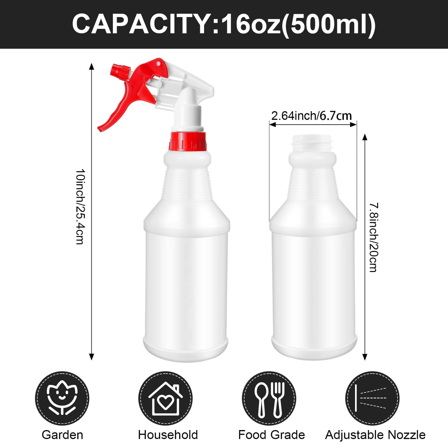 Eccliy 12 Pcs 16 Oz Plastic Spray Bottle, Adjustable Empty Reusable Sprayer for Cleaning, Planting, Water, Bathroom and Kitchen, BBQ, Commercial and Residential (Original,Red,Black)