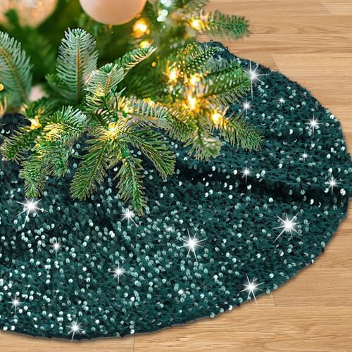 36 Inches Sequins Christmas Tree Skirt Emerald Green Small Velvet Tree Skirts Mats for 4ft Xmas Tree Decorations Living Room