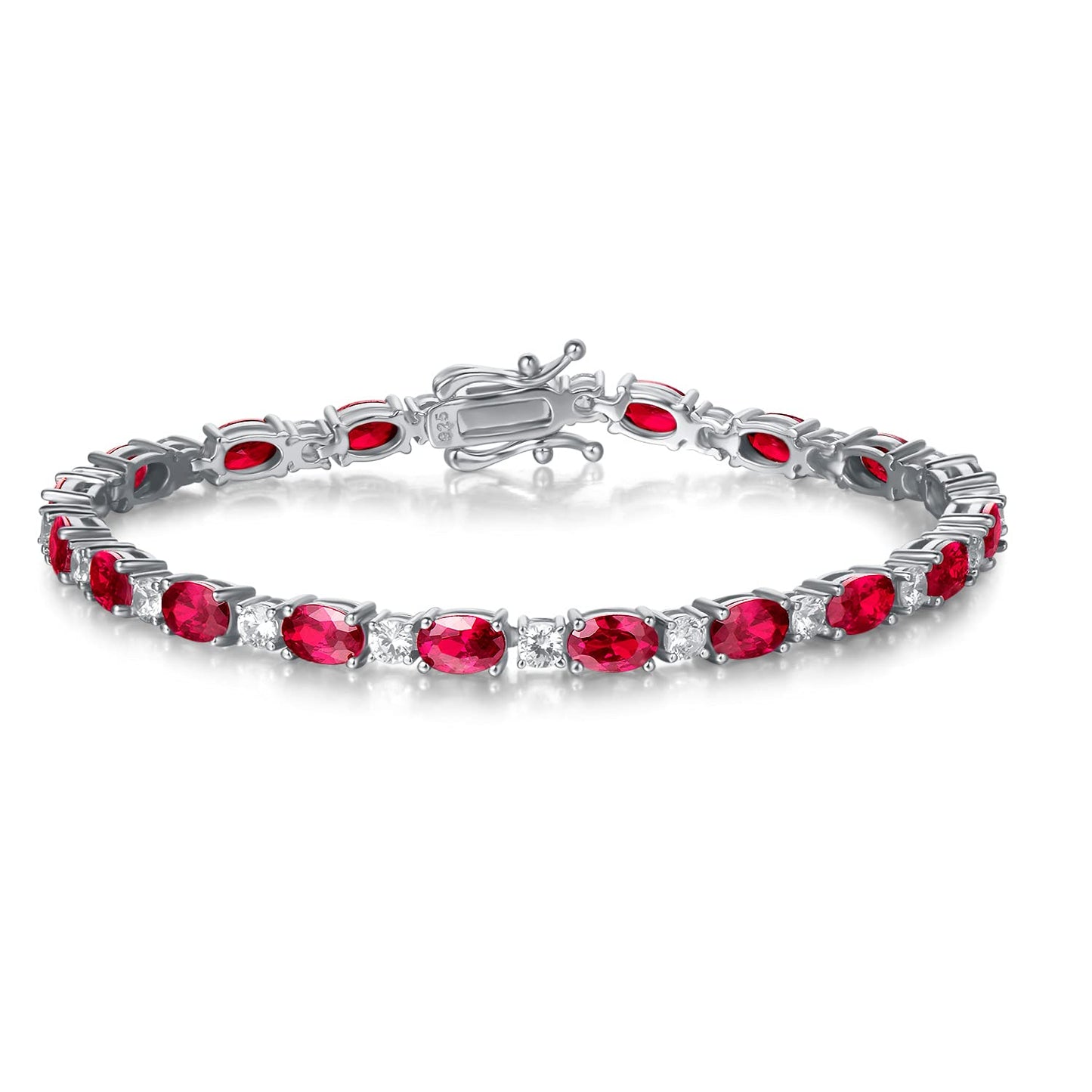 FANCIME July Birthstone Bracelet Sterling Silver Created Ruby Tennis Bracelet Cubic Zirconia Oval Gemstone Dainty Fine Jewelry for Women 7"