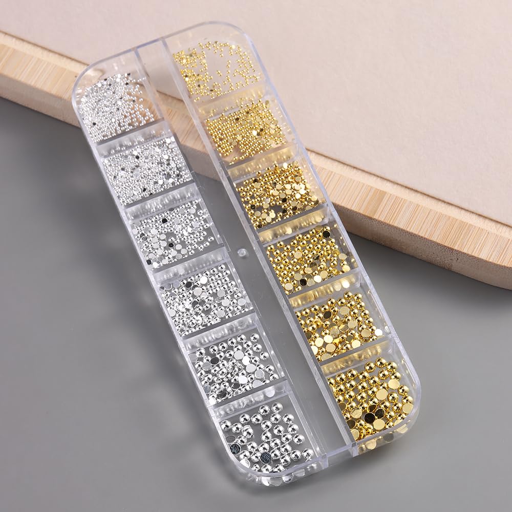 Silver and Gold Nail Charms and Gems, Mixed Sizes Half Round Flatback Stainless Steel Beads Metallic Caviar Beads Nail Rivets Studs Jewels with Tweezers Manicure Decorations DIY Crafts