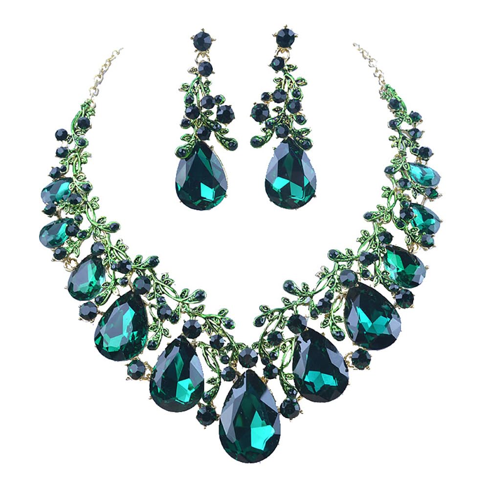 Qlavoca Vintage Crystal Teardrop Necklace Earrings Set - Gothic Statement Jewelry for Wedding Bridal Prom Party (Green-Gold Tone)