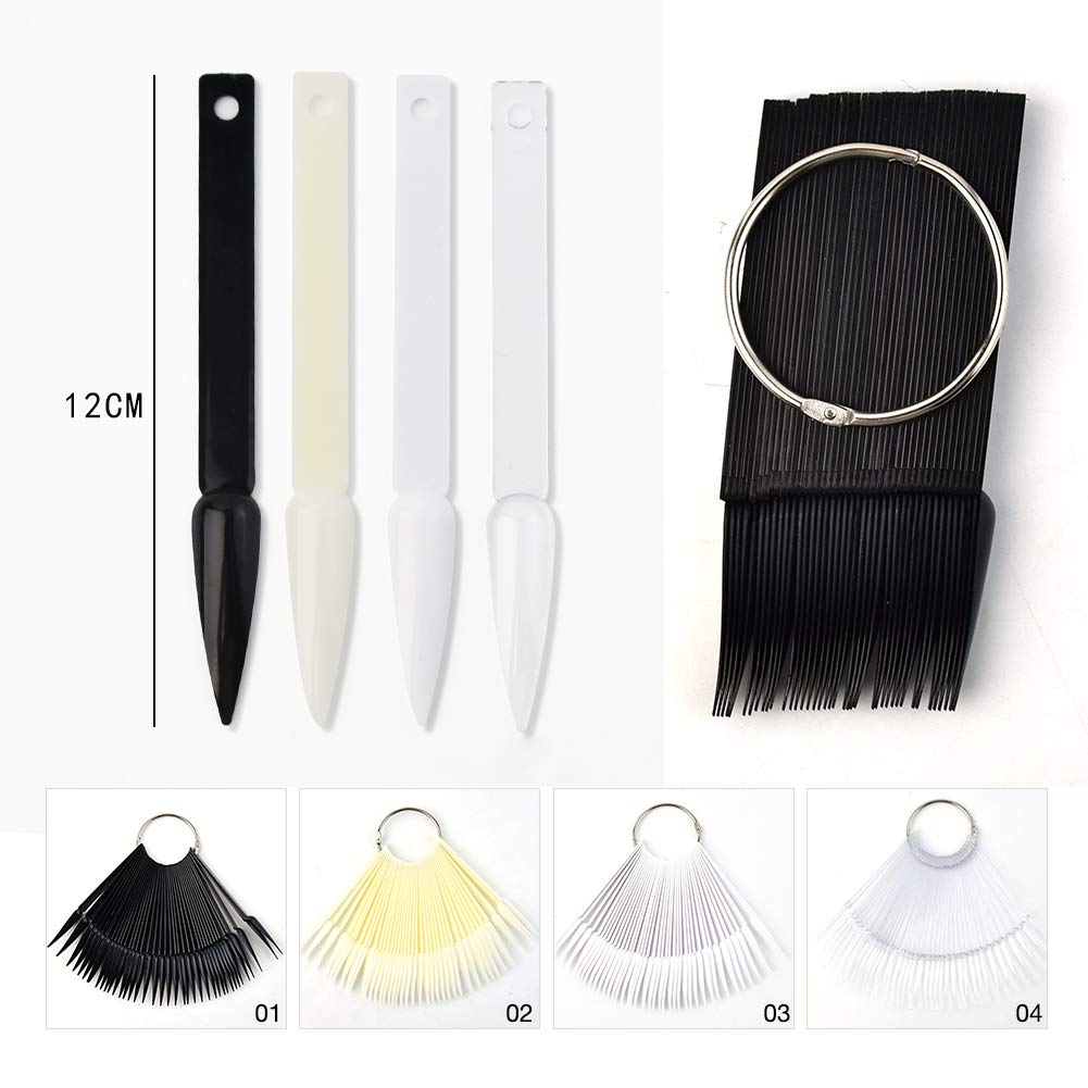 QIMYAR 160 Pcs False Nail Sticks - Fan Shaped Swatch Sticks, Display Board, Transparent, Black, Natural, Milky Colors, Stiletto Tips