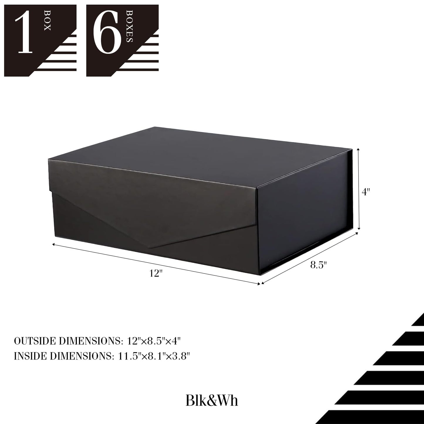 BLK&WH 6 Gift Boxes - 11.5x8.1x3.8 Inches, Large Black Magnetic Groomsman Boxes with Lids (Matte Black)