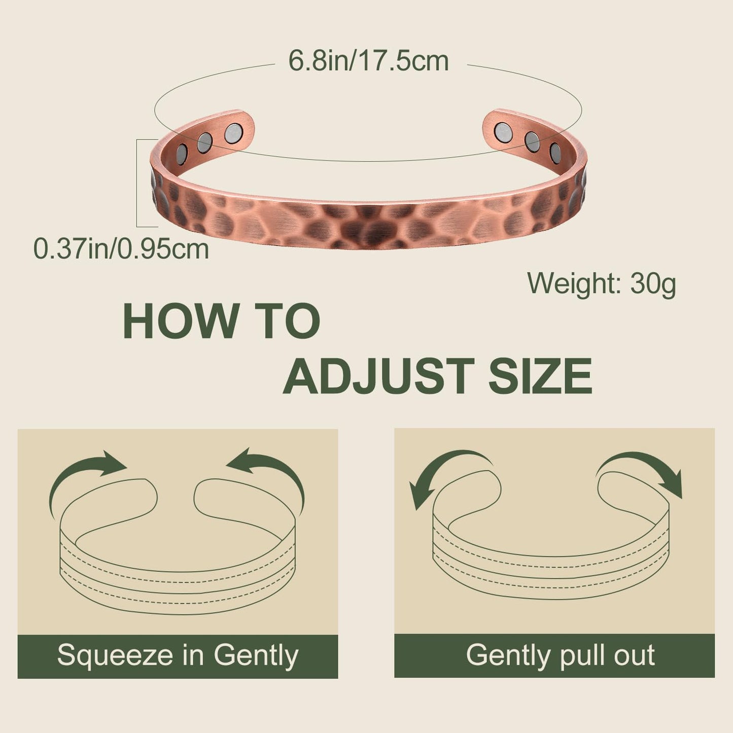 MagEnergy Copper Bracelet & Lymphatic Drainage Ring for Men and Women, Magnetic Hammered Pure Copper Bangle with 3500 Gauss Magnets, 6.8" Adjustable Copper Cuff Jewelry Gift