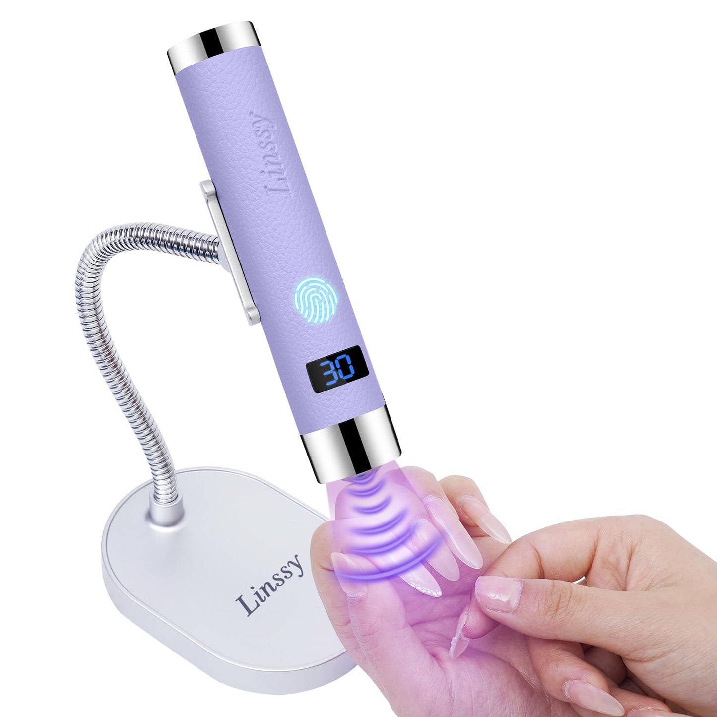 Linssy Mini UV Light for Nails with Auto Sensor & Gooseneck Stand,Portable Cordless Nail Lamp Flash Cure Lamp with LCD Display,Handheld UV Light for Gel Nails at Salon & Home Use (Purple)