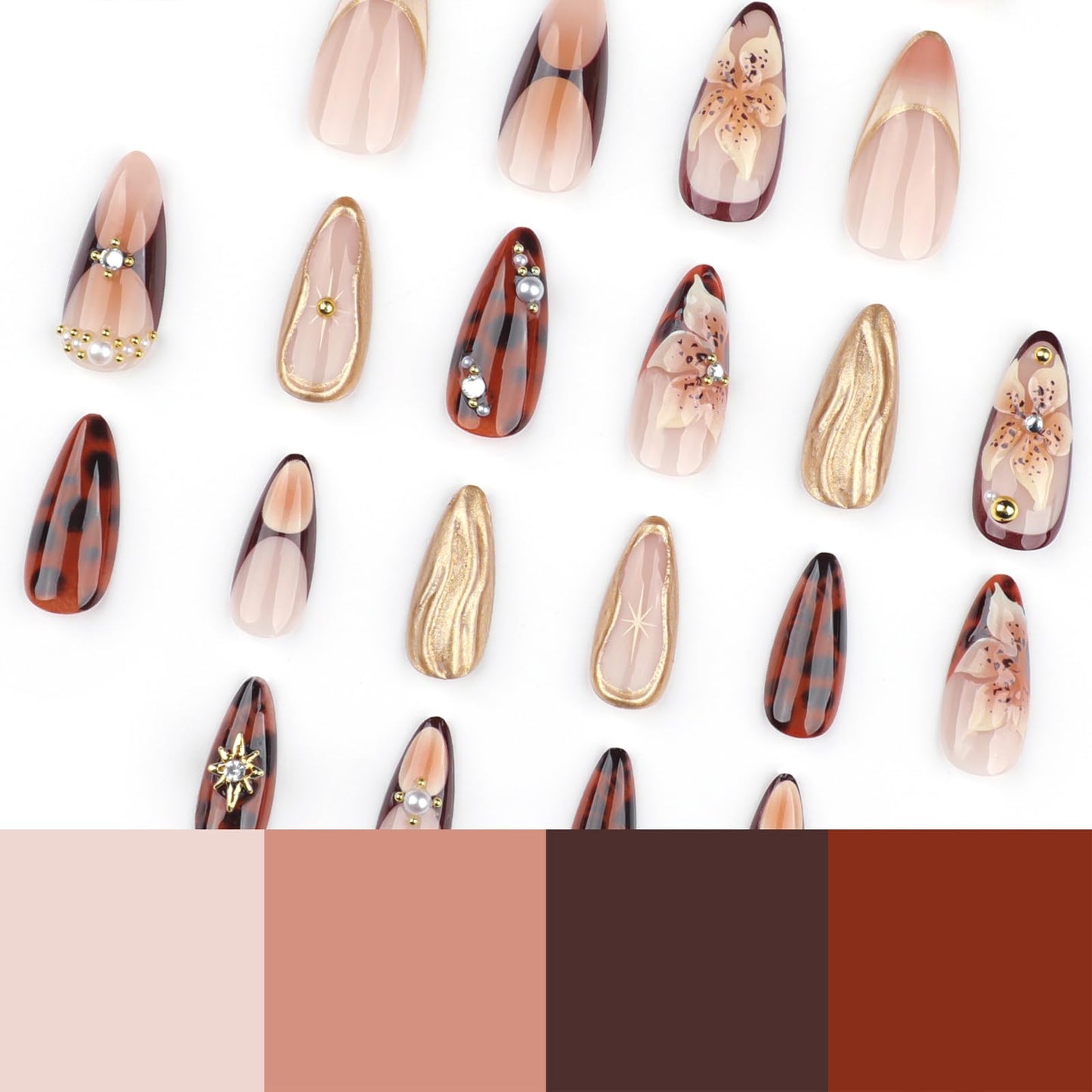 Mivota Medium Long Press on Nails Almond Brown Fake Nails with 3D Flowers Artificial Nails Gold Charm Designs, Thick Reusable Glue On Nails Fall Handmade Nails Floral Stick on Nails for Women 24Pcs
