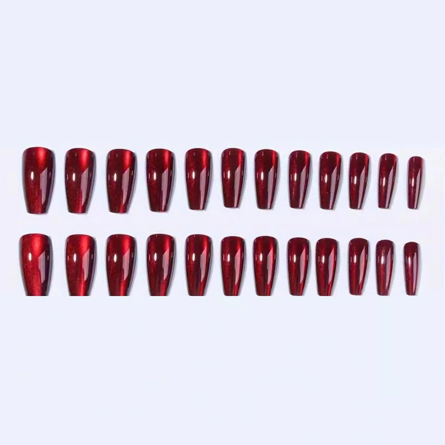 MISUD Press on Nails - Long Coffin Fake Nails with Red Cat Eye, Acrylic Bling Glitter Design 30 pcs