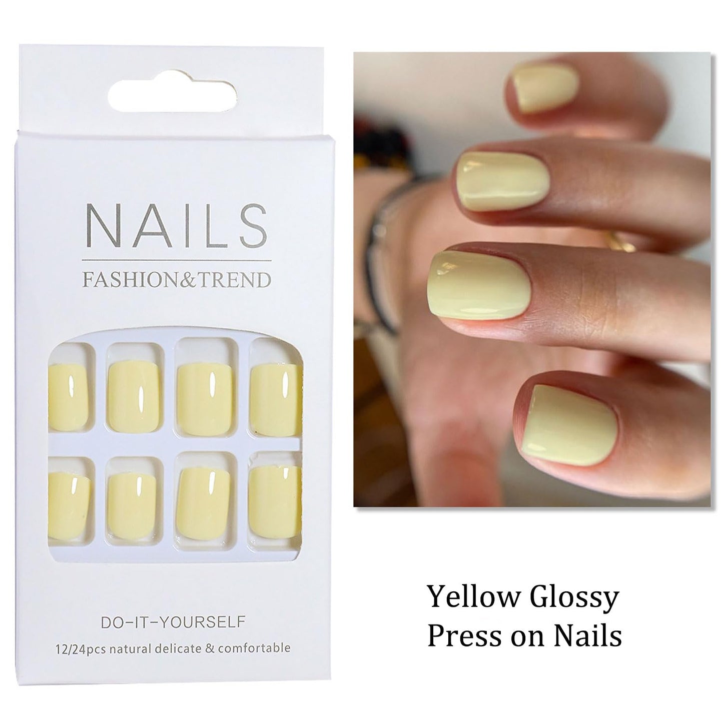 Press on Nails Short Square Fake Nails Yellow Nails Press Ons Solid Color Acrylic False Nails Glossy Full Cover Glue on Nails Yellow Reusable Stick on Nails for Women 24Pcs