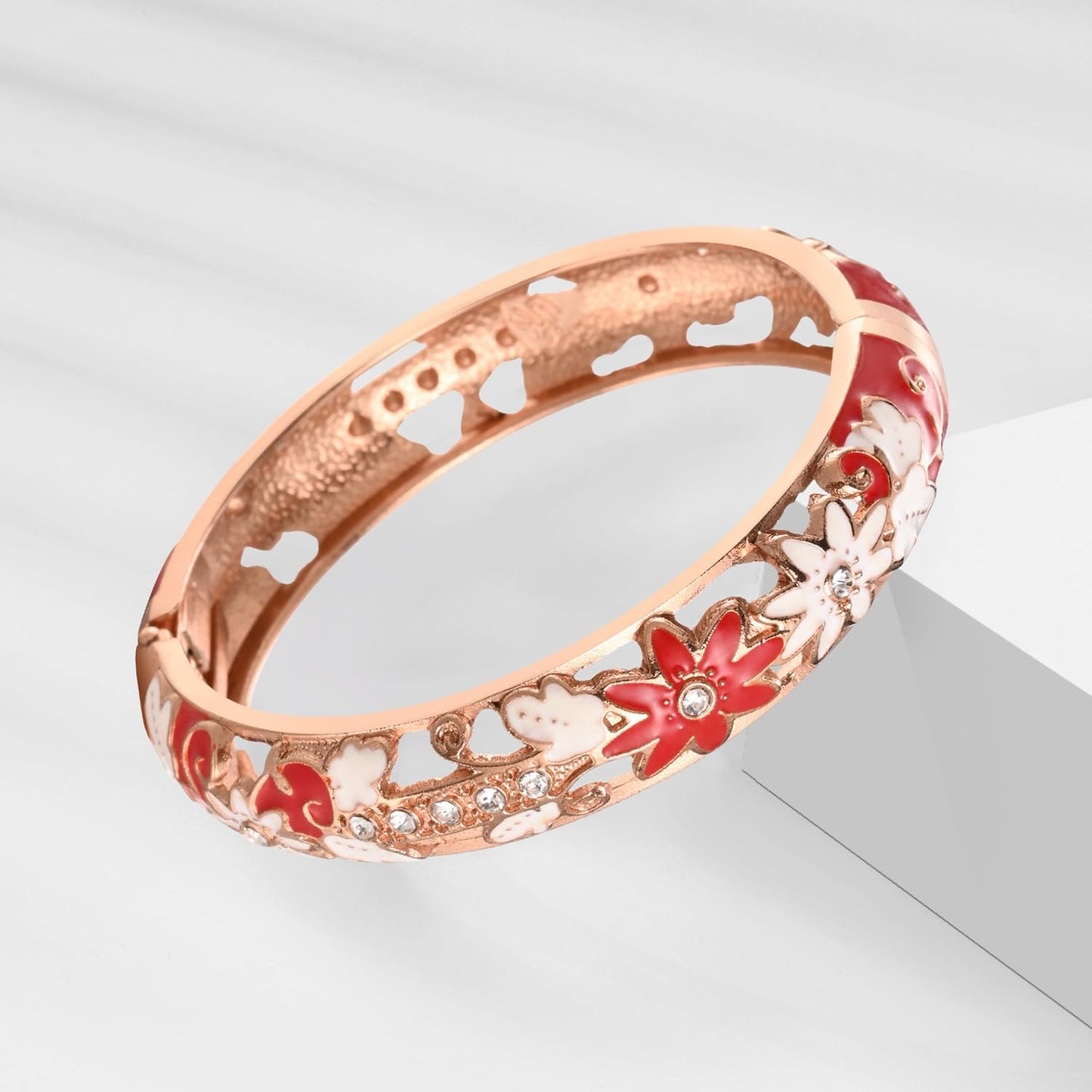 UJOY Vintage Jewelry Cloisonne Handcrafted Leaf Enameled Gorgeous Rhinestone Hinged Cuff Bracelet Bangles Gifts 88C11-55A119 red