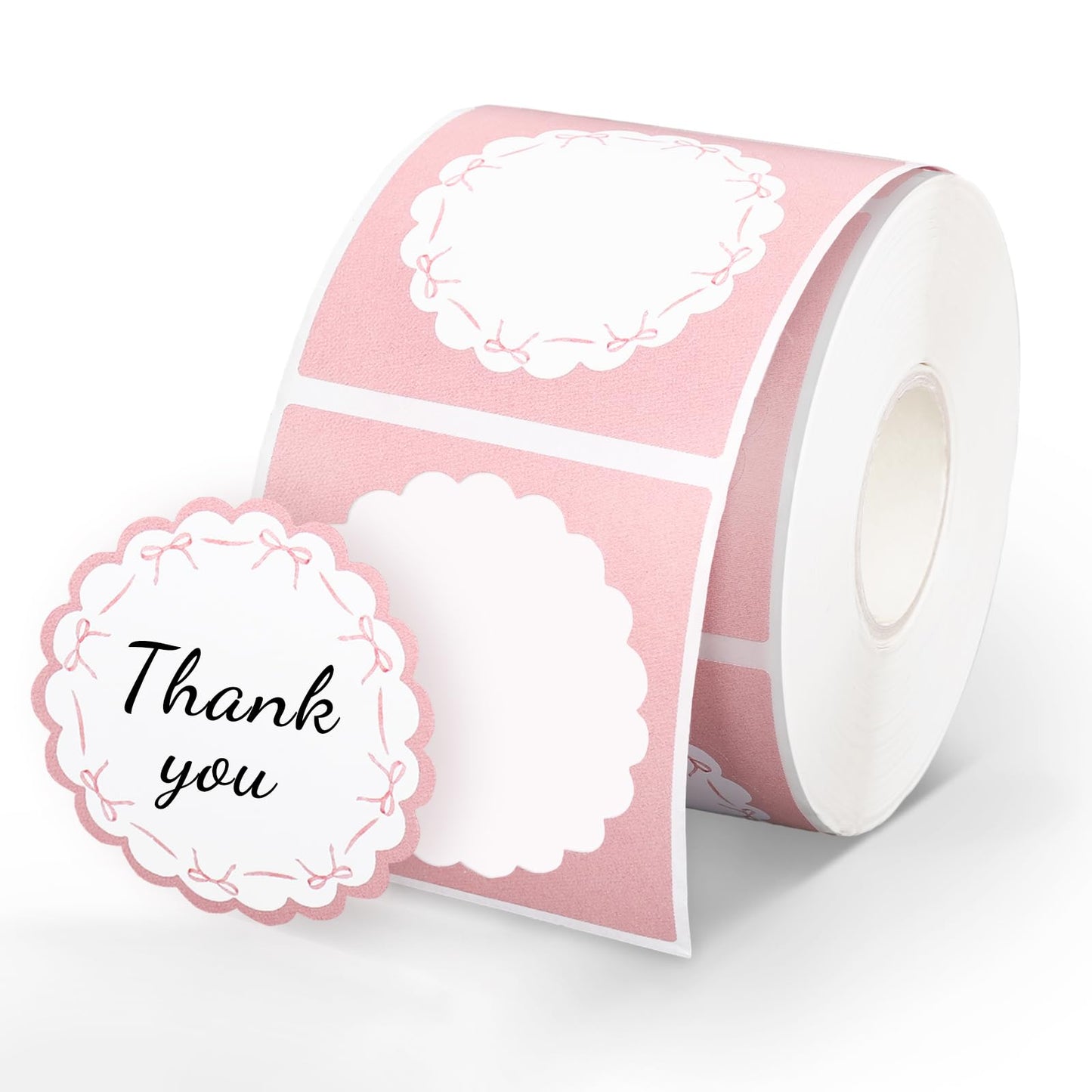 FYSUIMU Pink Bow Direct Thermal Labels Bowknot Coquette Label Stickers Scalloped Self-Adhesive Printer Decals for Mother's Day DIY Name Tag Custom Logo Candle Baking Canning Design, 500 Pcs