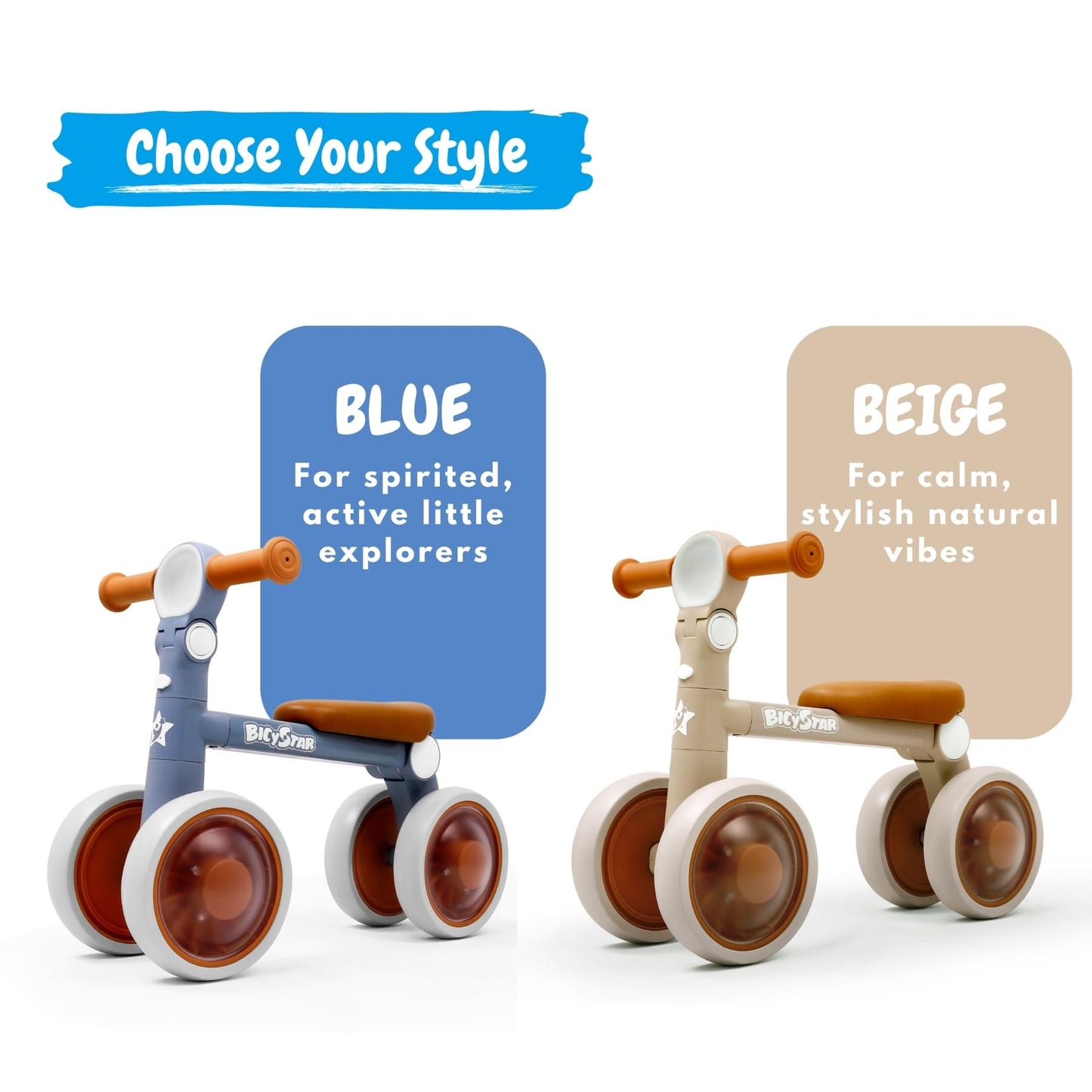 bicystar Baby Balance Bike with Adjustable Handlebars, Rear Wheel, Colorful Lighting, Best Gift for 12-36 Months, Light Blue
