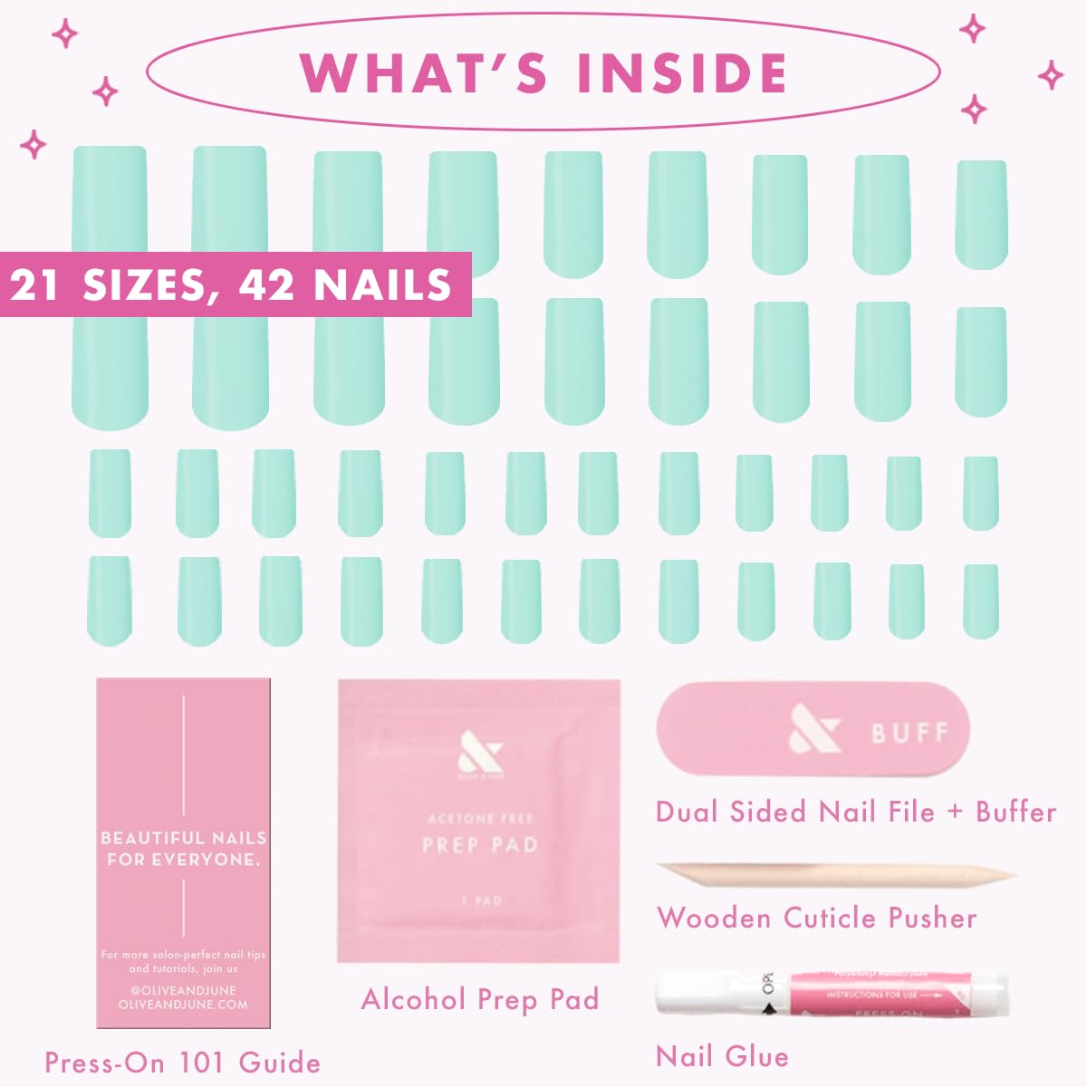 Olive & June Maximalist Instant Mani Press-On Nails (Glue) | 42 Fake Nails, 21 Sizes | Non-Toxic, Long-Lasting Big, Bold Gorgeous Realistic Look | Salon-Quality at Home | Medium, Square | Slam Dunk