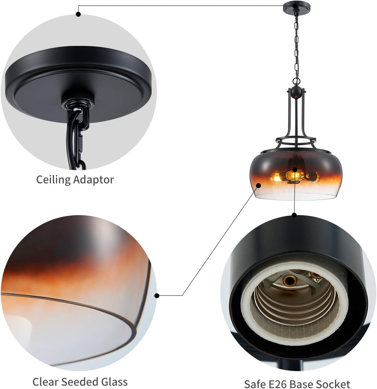 WUZUPS Chandelier Rustic Farmhouse Industrial Round Ceiling Pendant LED Light Fixture with Amber Gradient Black Glass Shade for Dining Room Kitchen Island Foyer Entryway, H 20.9" W 15.9", E26 Base