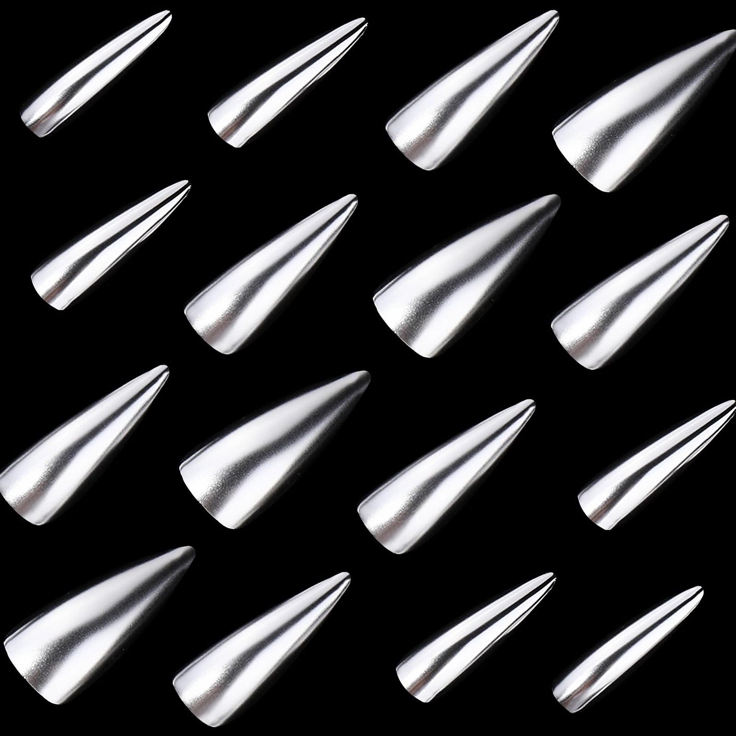 MISUD Press on Nails - Long Stiletto Glue on Nails with Silver Chrome, Acrylic Metallic Design 24 pcs