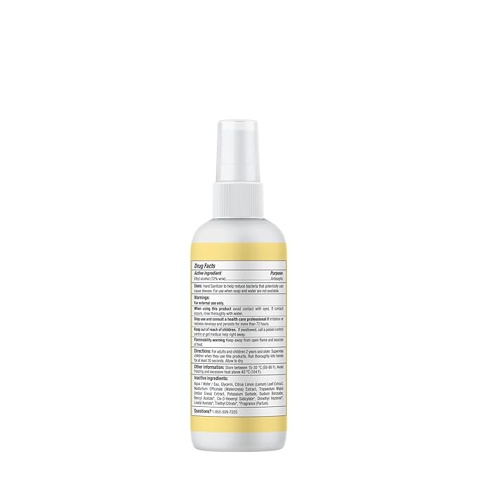 ATTITUDE Hand Sanitizer Spray, EWG Verified, Kills Germs & Bacteria, Vegan & Plant-Based, Safe for Adults & Kids, Lemon Leaves Scent, 3.38 Fl Oz (Spray Bottle)