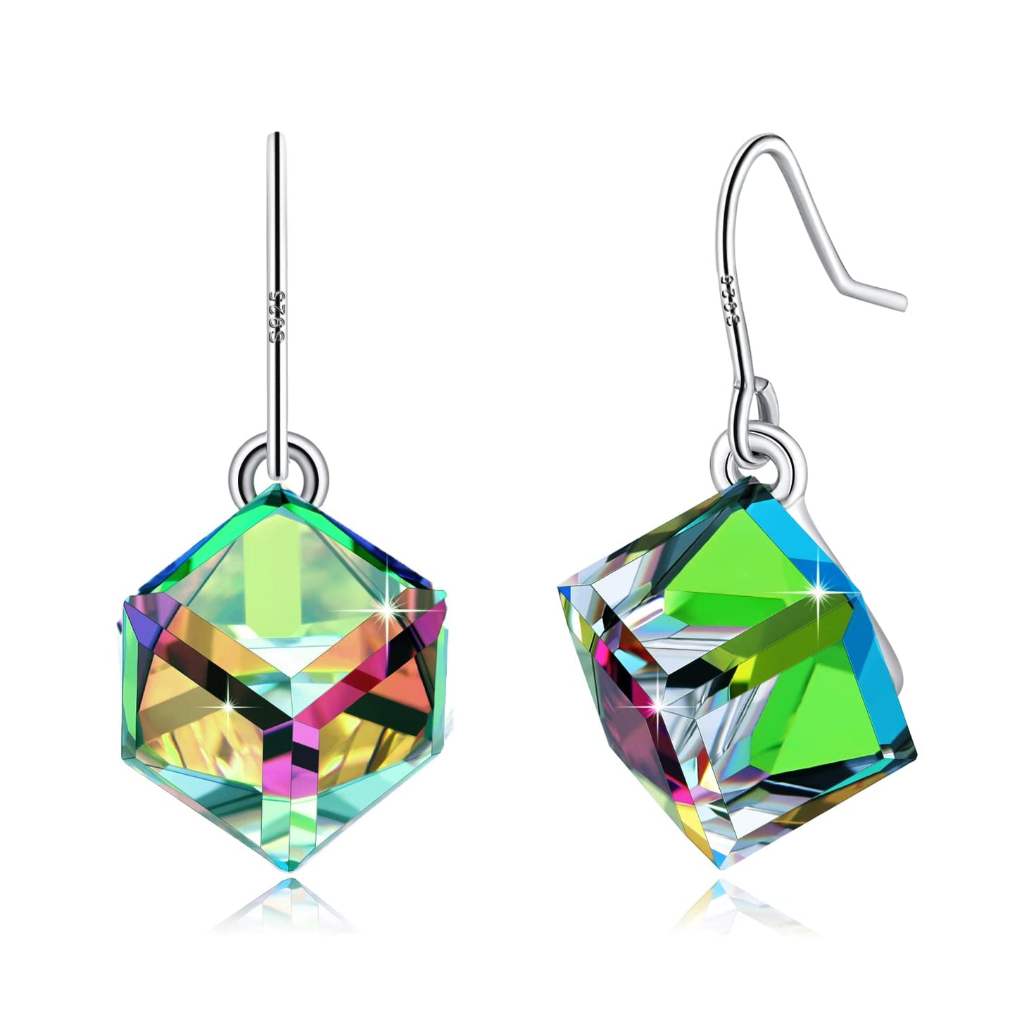 PLATO H S925 Sterling Silver Rainbow Cube Earrings Crystals for Women with Exquisite Unique Gift Box Dainty Jewelry Anniversary Unique Gift for Mother's Day