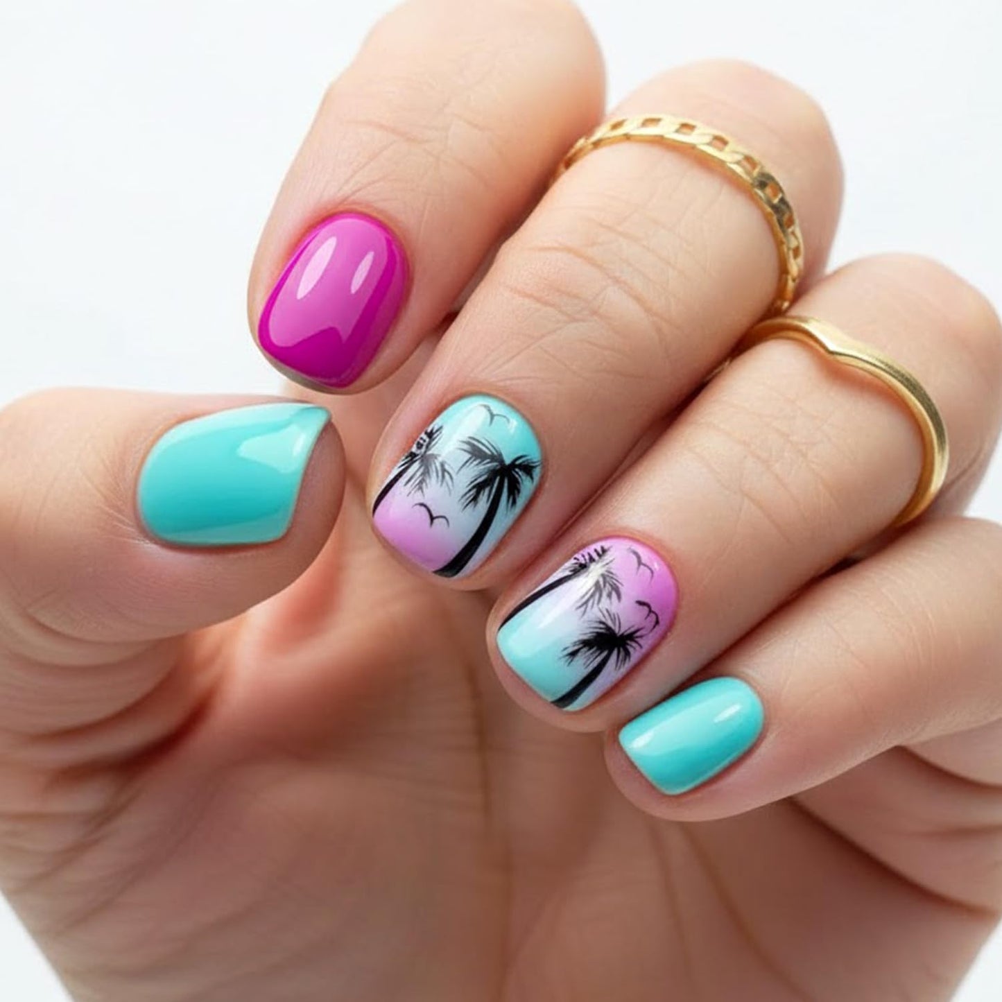 Short Square Press on Nails Spring Summer Fake Nails with Tropical Palm Tree Gradient Designs Full Cover Stick on False Nail Set for Women 24 Pcs