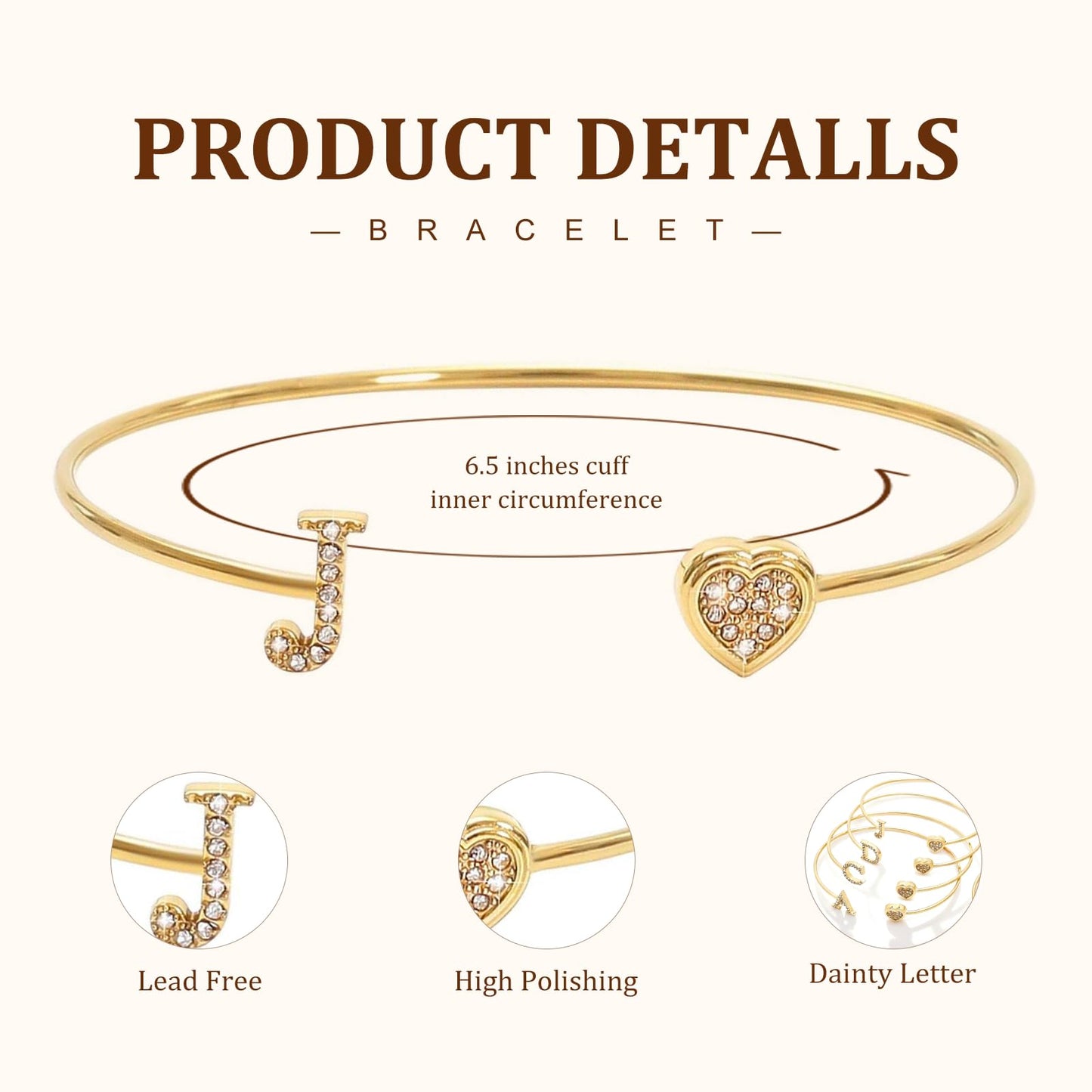 BXDA Trendy Gold Plated Heart Initial J Cuff Bangle Bracelet for Women, Handmade Statement Cubic Zirconia Stackable Open Letter Bracelets Fashion Jewelry Accessories Gift