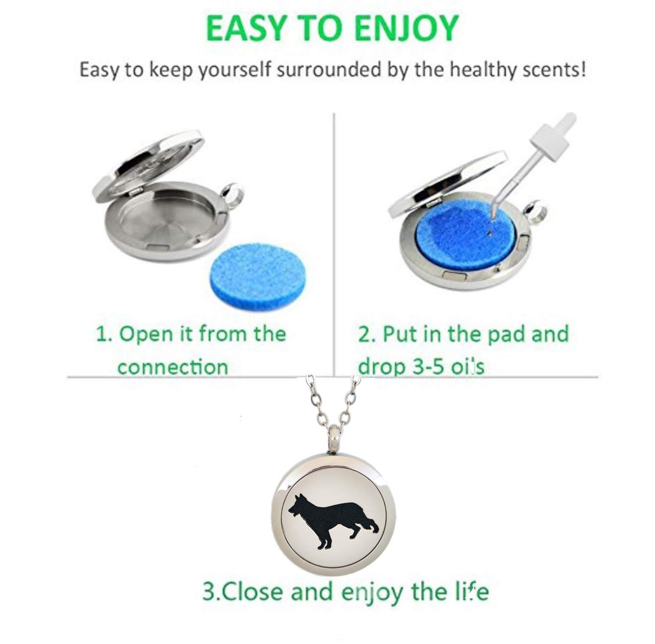 Aromatherapy Essential Oil Diffuser Stainless Steel 30MM Silver Magnetic Locket Pendant 2 Sizes Chain Necklace, Refill Pads & Diffuser Bracelet in a Velvet Bag (Dog)