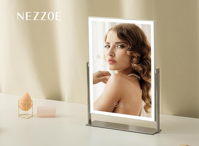 Rechargeable Vanity Mirror with Lights, Table Mirror with Stand, Makeup Mirror with 3 Colors and Brightness Adjustable, 3000mAh Battery, 14×10 Inch