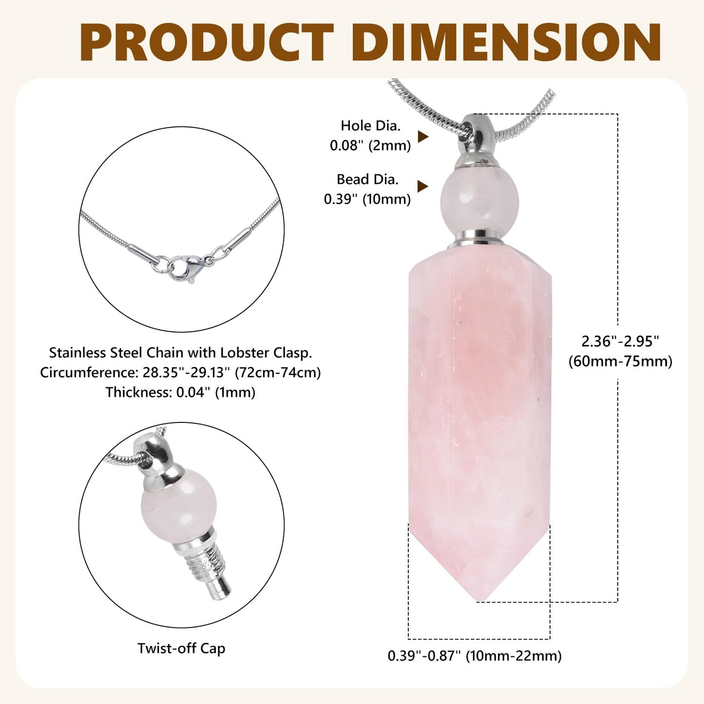 SUNYIK Rose Quartz Stone Essential Oil Diffuser Necklace for Women, Hexagonal Pointed Healing Crystal Perfume Bottle Pendant with Chain for Men, 28"