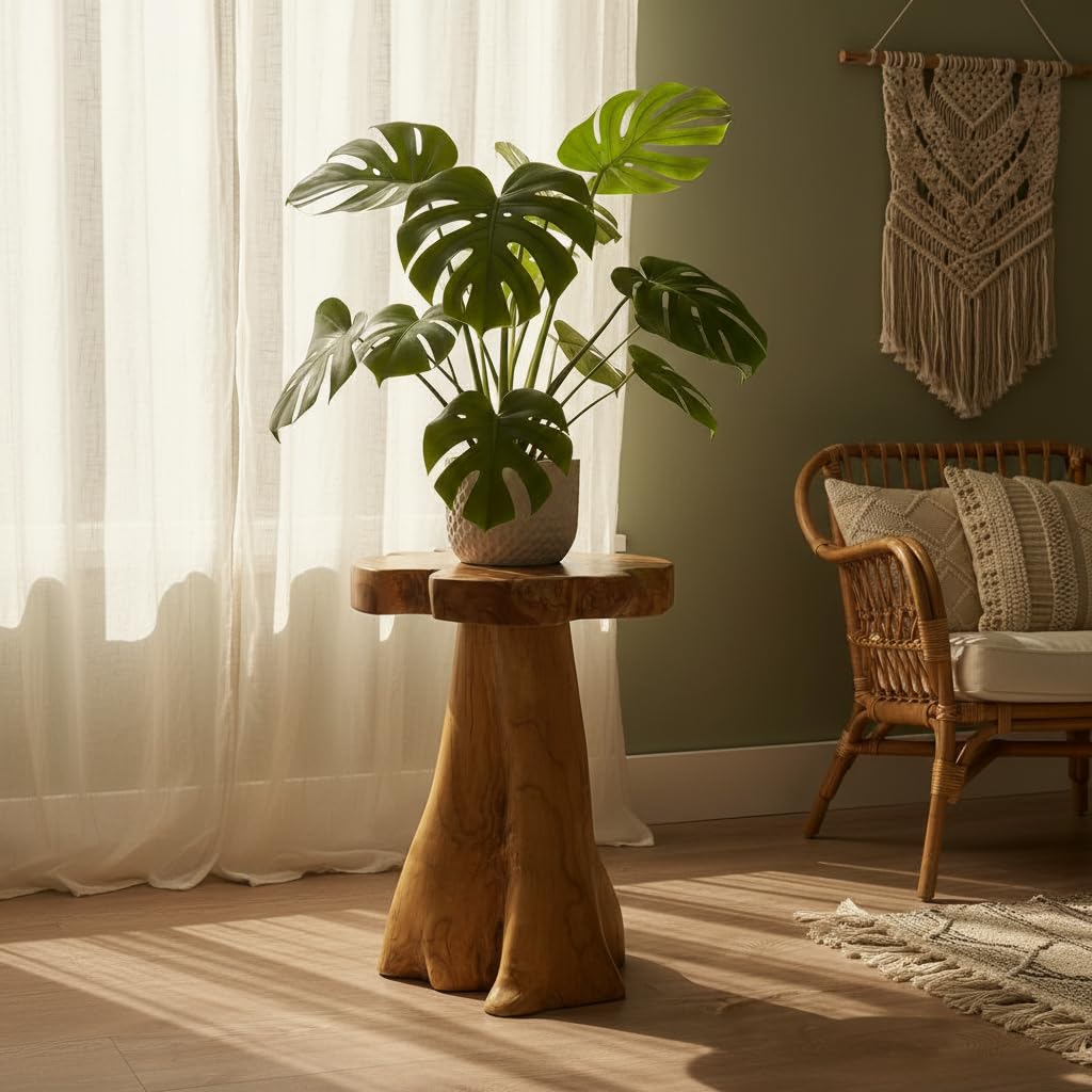 Greenage Solid Teak Wood Plant Stand 15.5" x 15.5" x 19.5" H | Rustic Live Edge End Table for Living Room Bedroom | Tree Stump Style Side Table for Coffee or Courtyard Decor