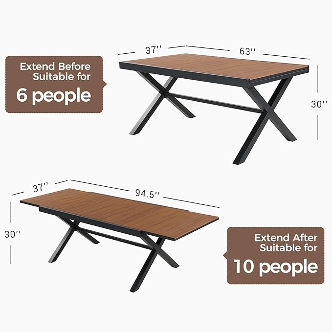Grand patio 7-Piece Outdoor Dining Set, 6 Leather-Look Wicker Blue Swivel Patio Chairs & 1 Extendable Rectangular Dining Table, Brown