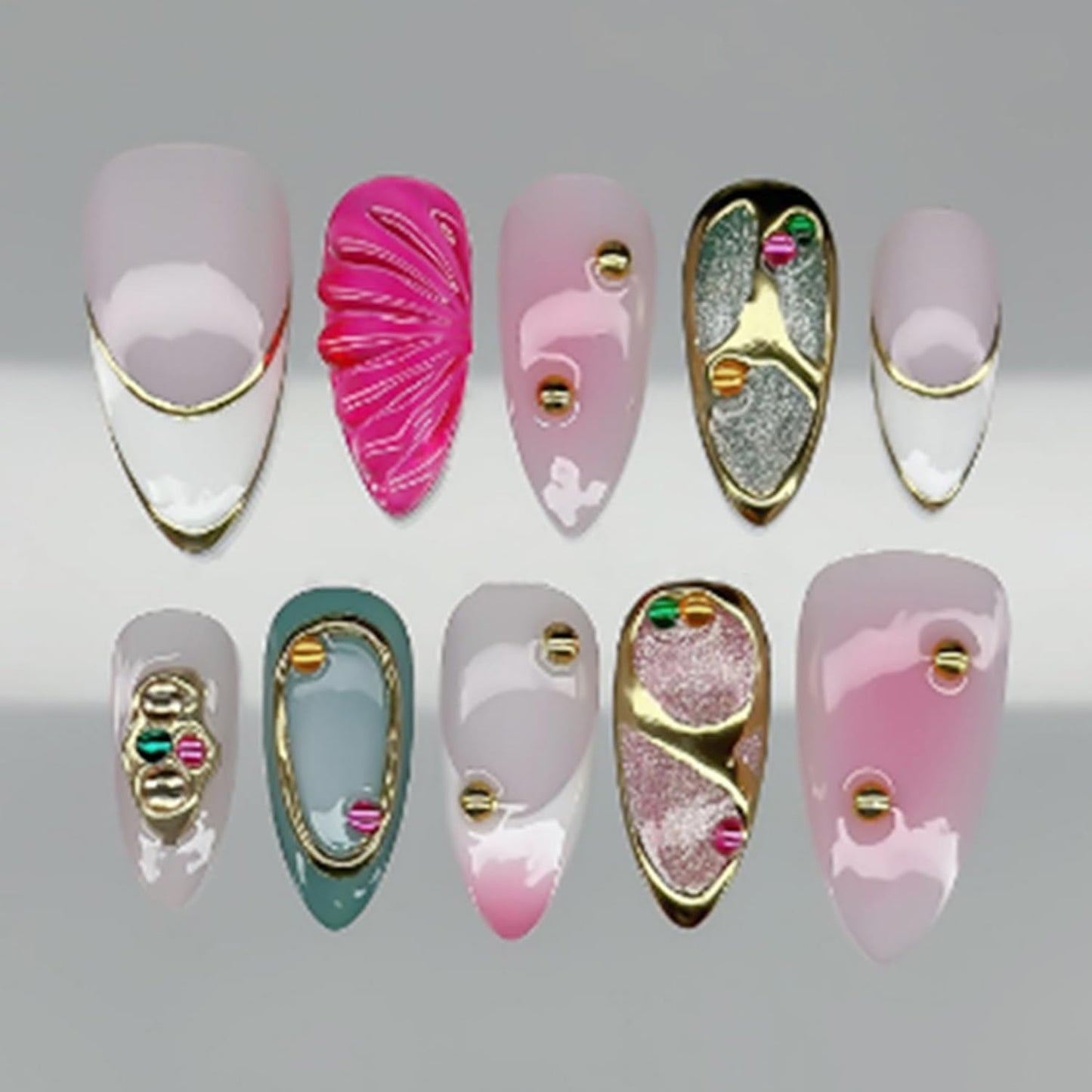 24Pcs White French Tip Press on Nails Medium Almond Fake Nails with 3D Sparkly Rhinestone Designs Chrome Gold False Nails Pink Smudge Full Cover Gilded Lines Glossy Artificial Stick on Nails for Women