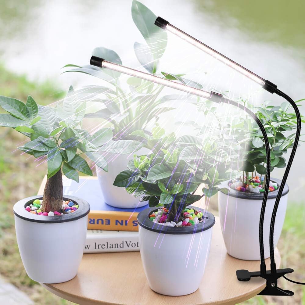 FloraBeam Plant Grow Light - 6000K Full Spectrum with Adjustable Red & White LEDs, 10-Level Dimming, USB Powered Clip-On Lamp for Indoor Plants, Timer Function (2 Head)