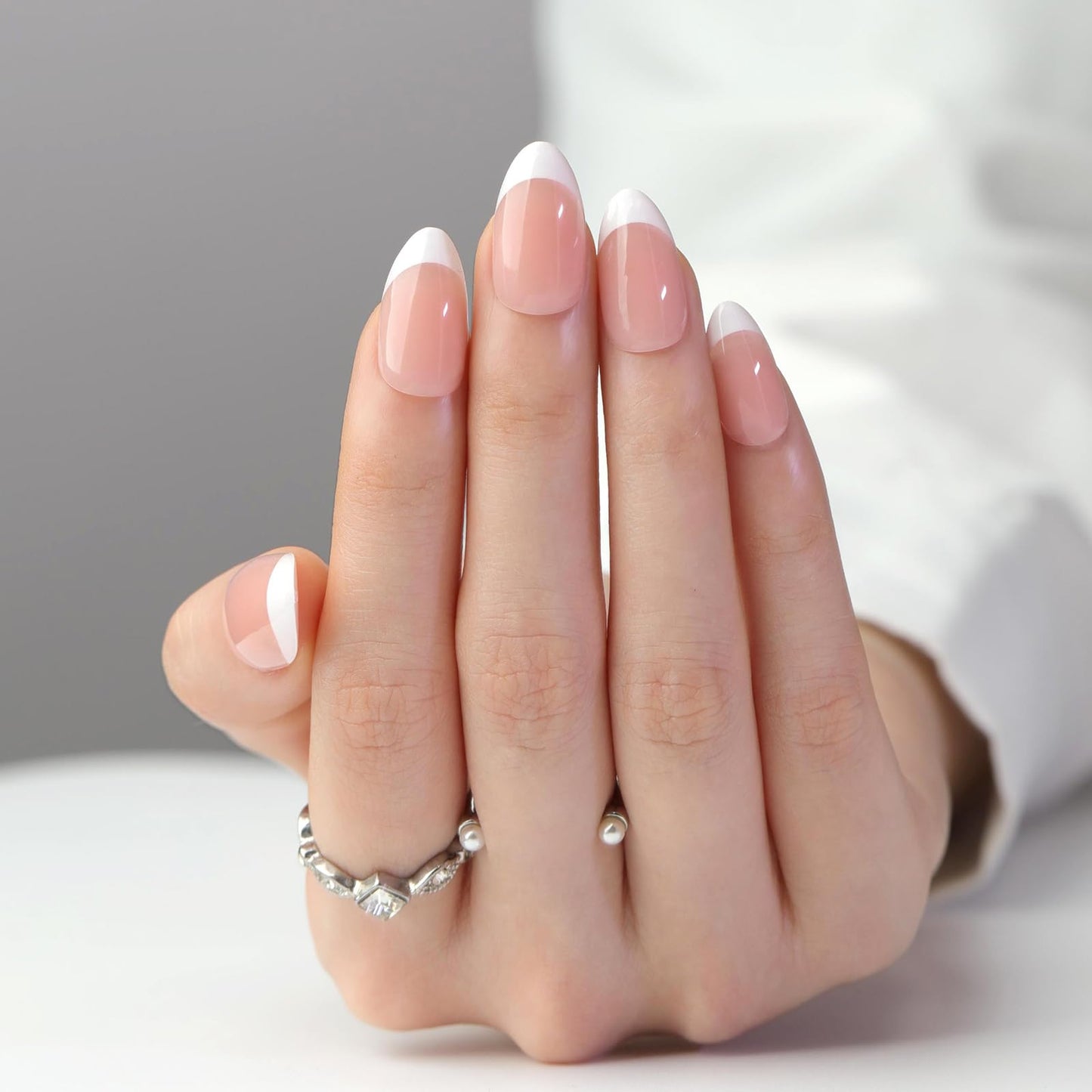 French Tip Press on Nails Medium Almond Fake Nails Nude Pink White Nails Press ons Acrylic Nails False Glossy Cute Full Cover Artificial Stick on Nails for Women Girls 24 Pcs