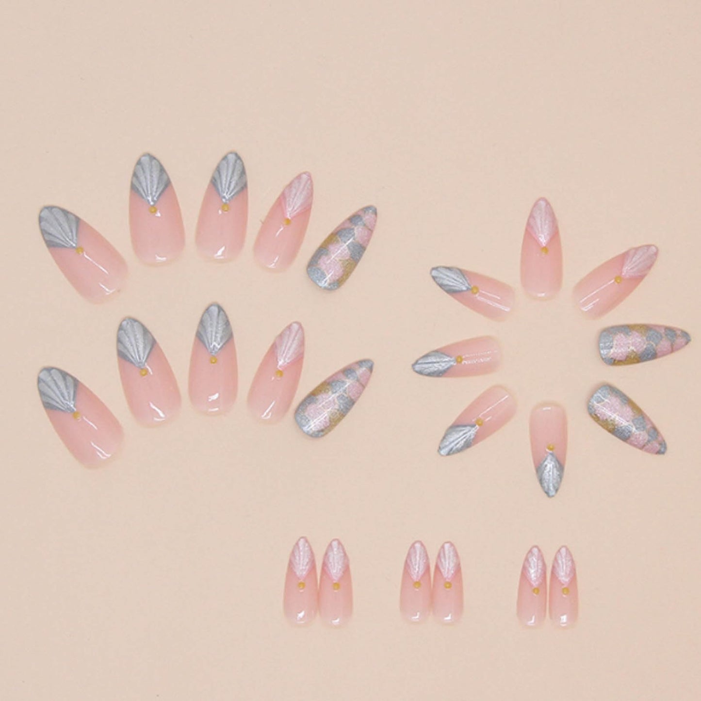 Hkanlre Almond Fake Nude Nails Tips Full Cover False Medium Nails Summer Flower Press on Nails for Women 24PCS