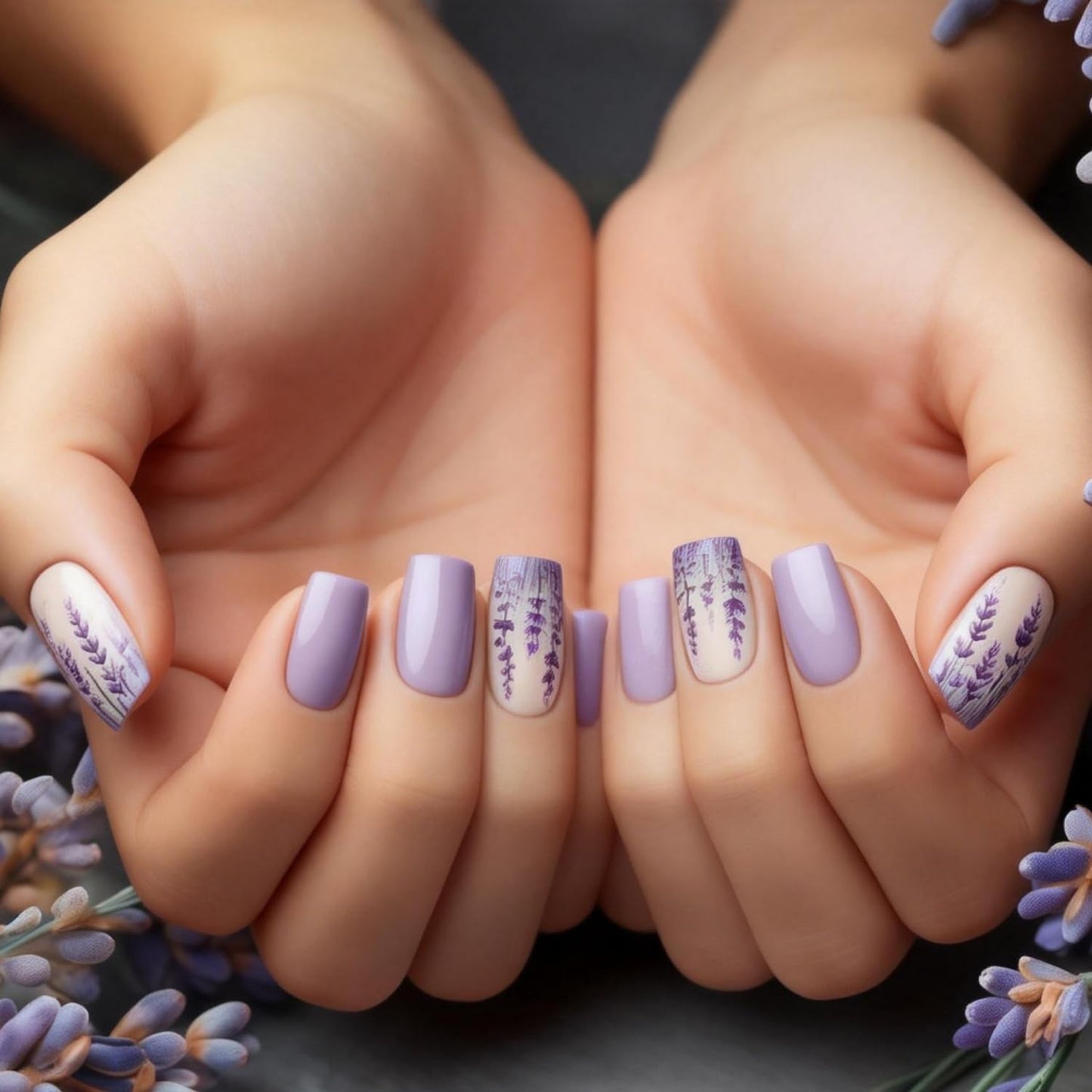 24pcs Purple Press on Nails Medium Length Square Fake Nails with Lavender designs Spring Stick on Nail Full Cover False Nails Acrylic Reusable Glue on Nails for Women Summer Manicure
